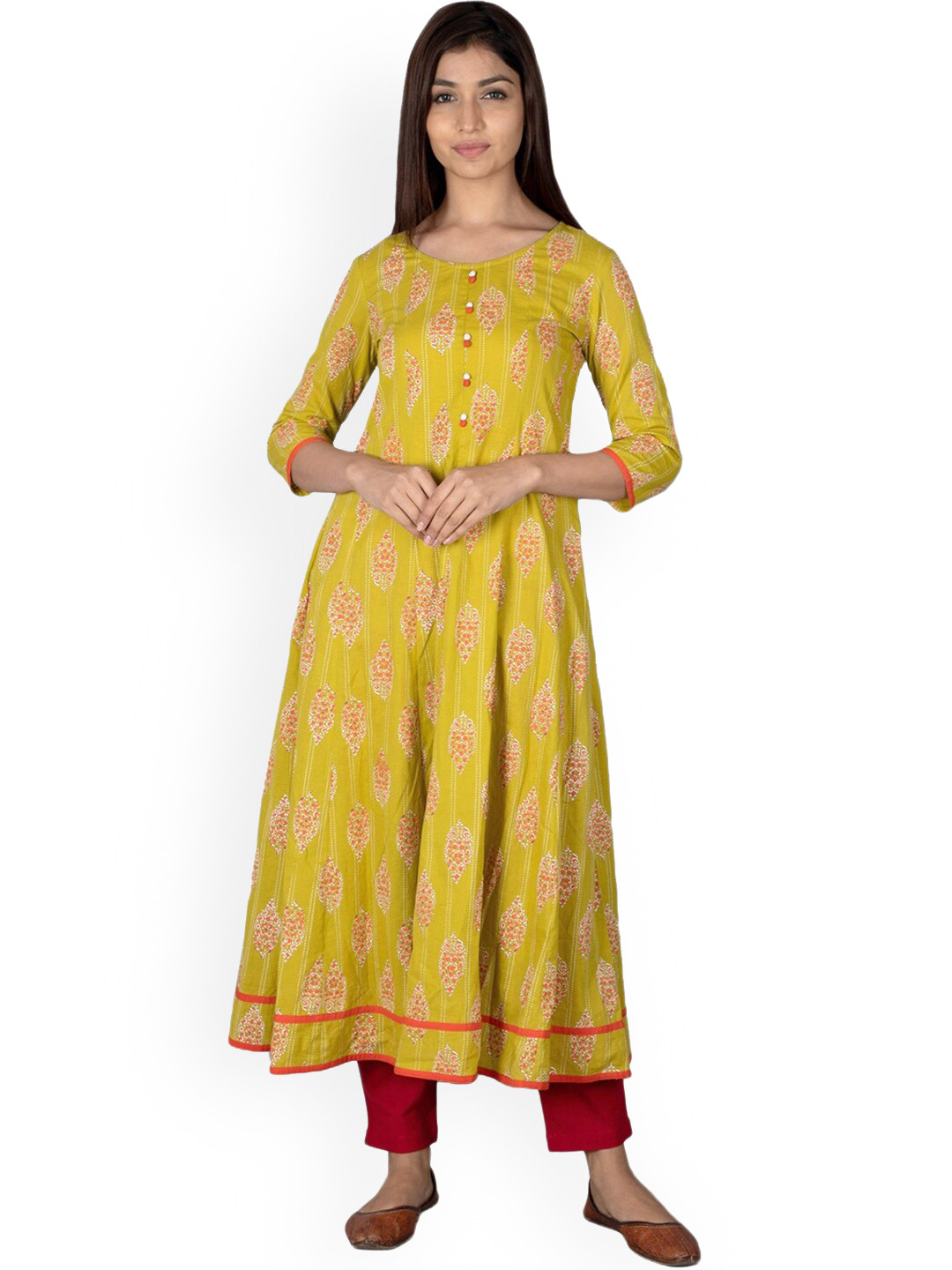

NeshamaKurti Women Green Ethnic Motifs Printed Anarkali Cotton Kurta