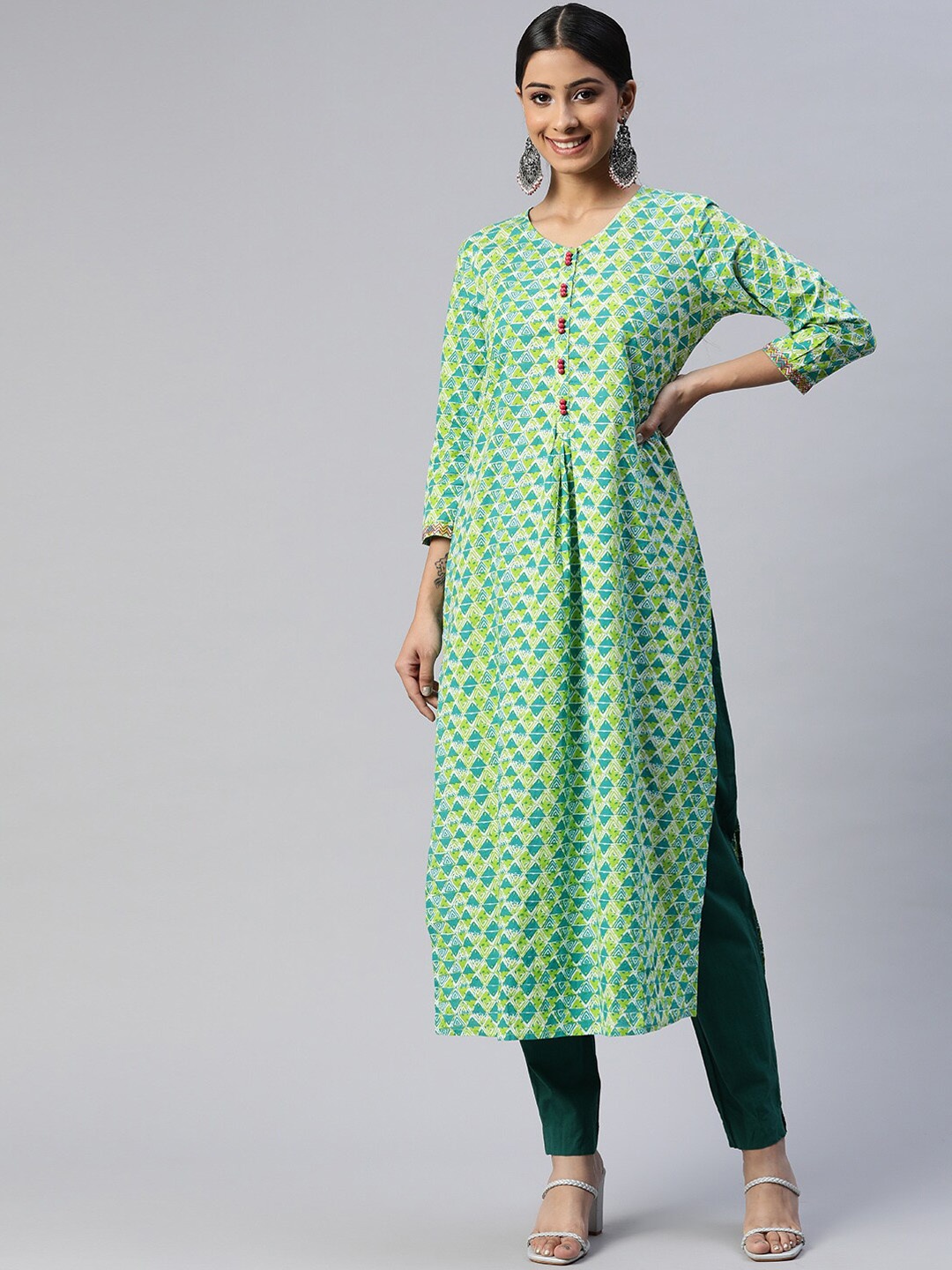 

NeshamaKurti Women Geometric Printed Cotton Kurta, Green