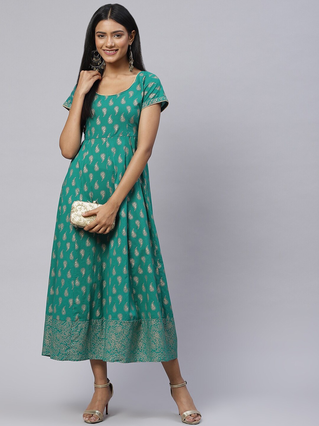 

NeshamaKurti Ethnic Motifs Printed Cotton A-Line Midi Ethnic Dress, Teal