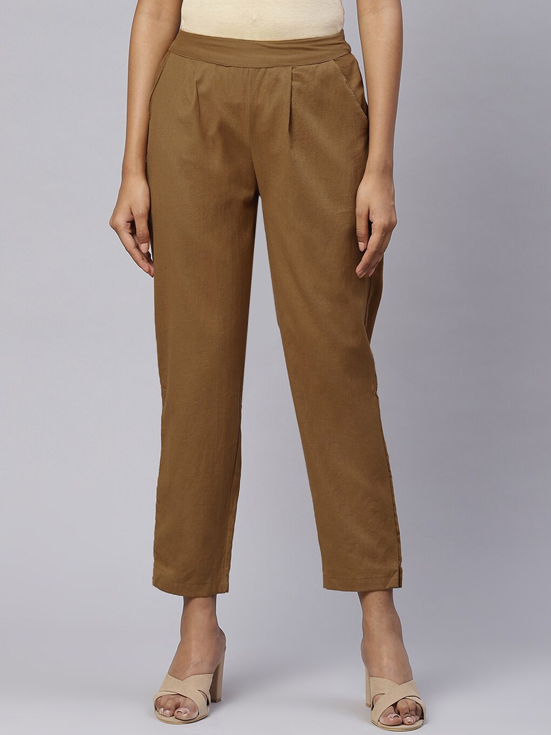 

NeshamaKurti Women Pleated Cotton Regular Fit Trouser, Brown