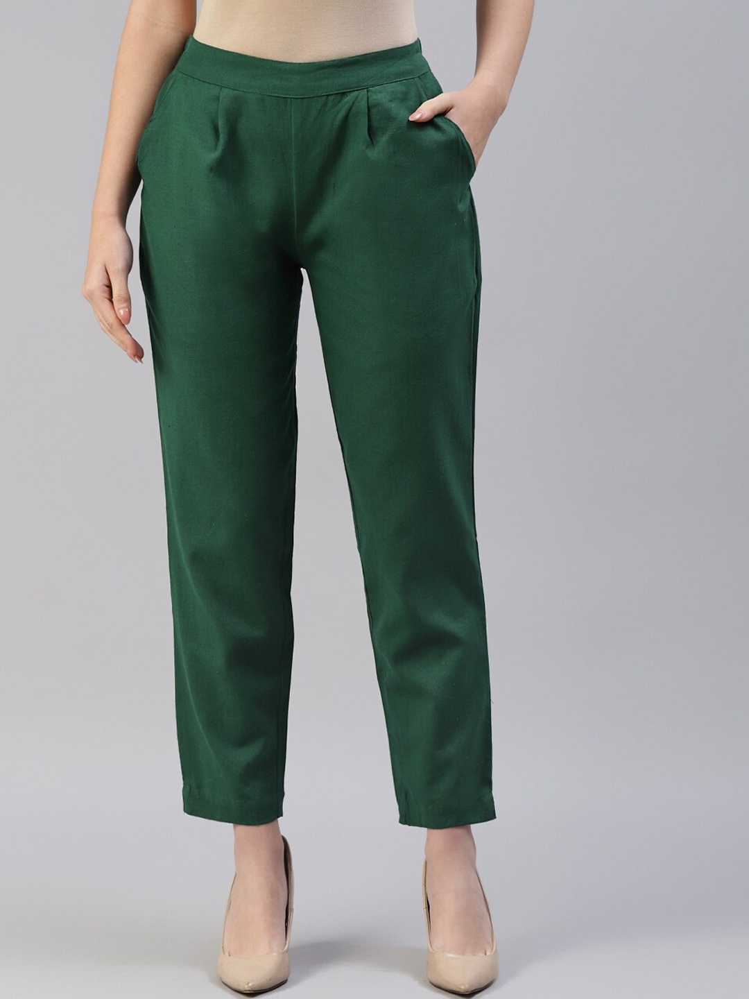 

NeshamaKurti Women Pleated Cotton Regular Fit Trouser, Green