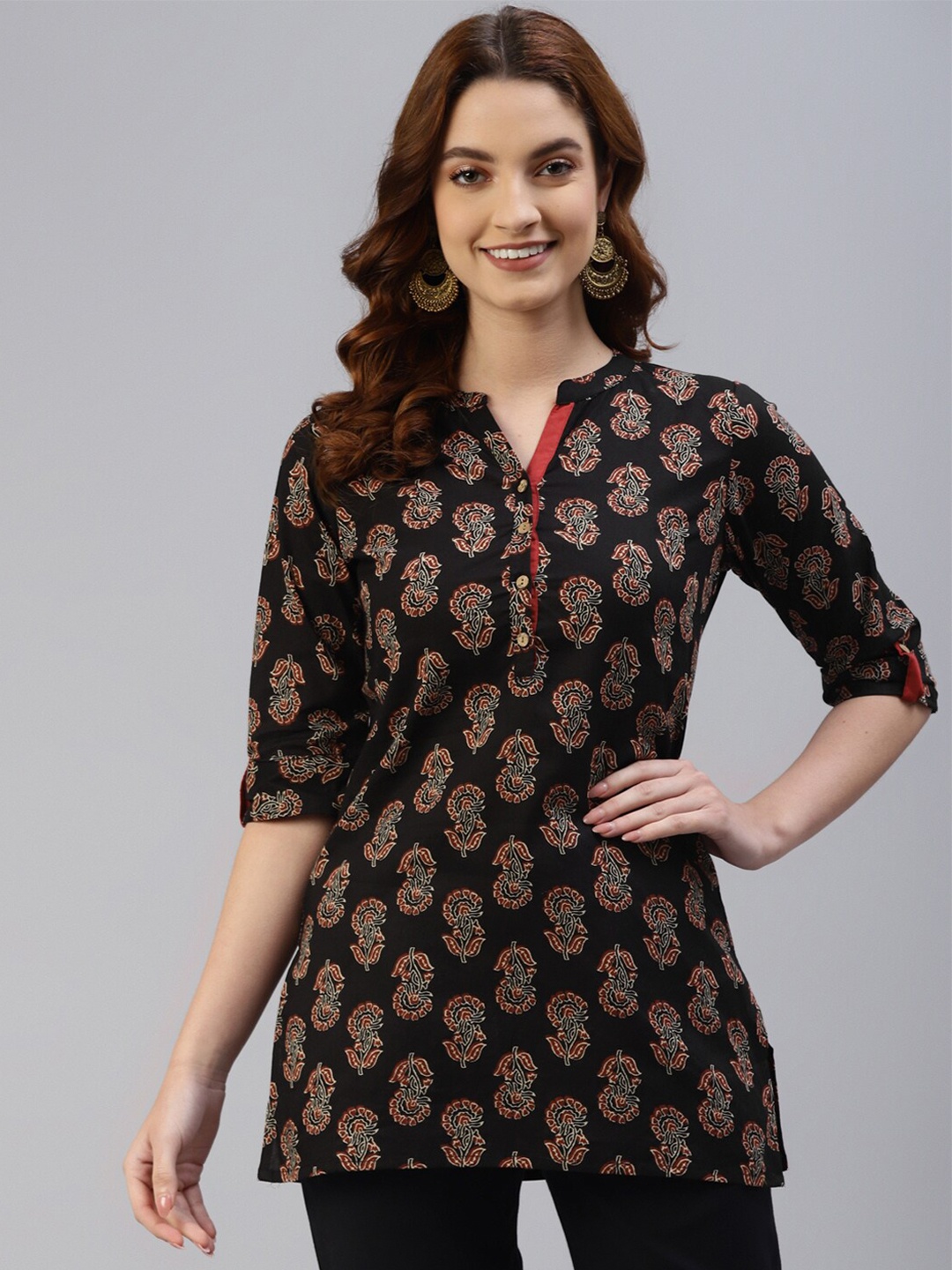 

NeshamaKurti Mandarin Collar Printed Cotton Tunic, Black