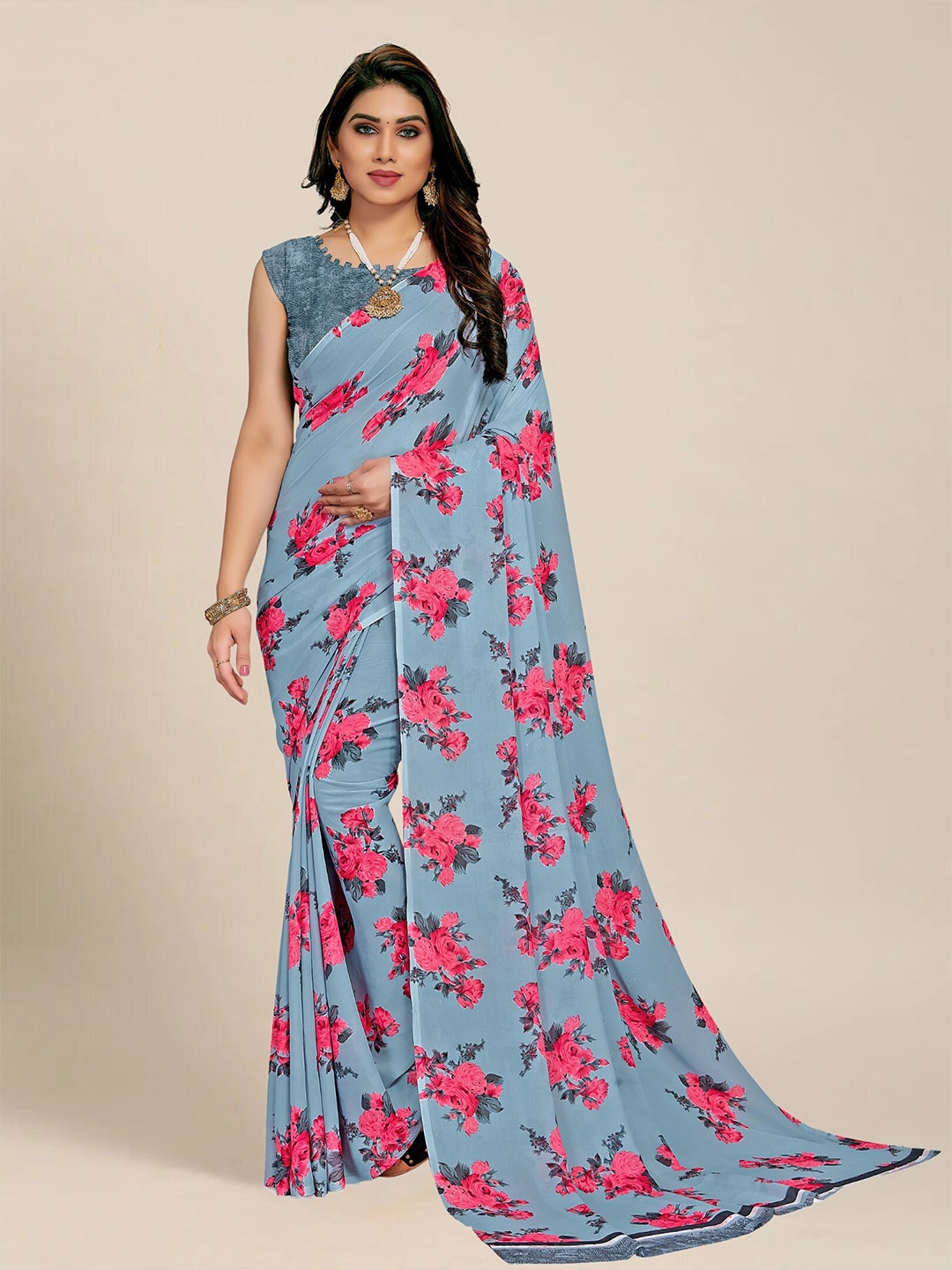 

MS RETAIL Grey & Red Floral Saree