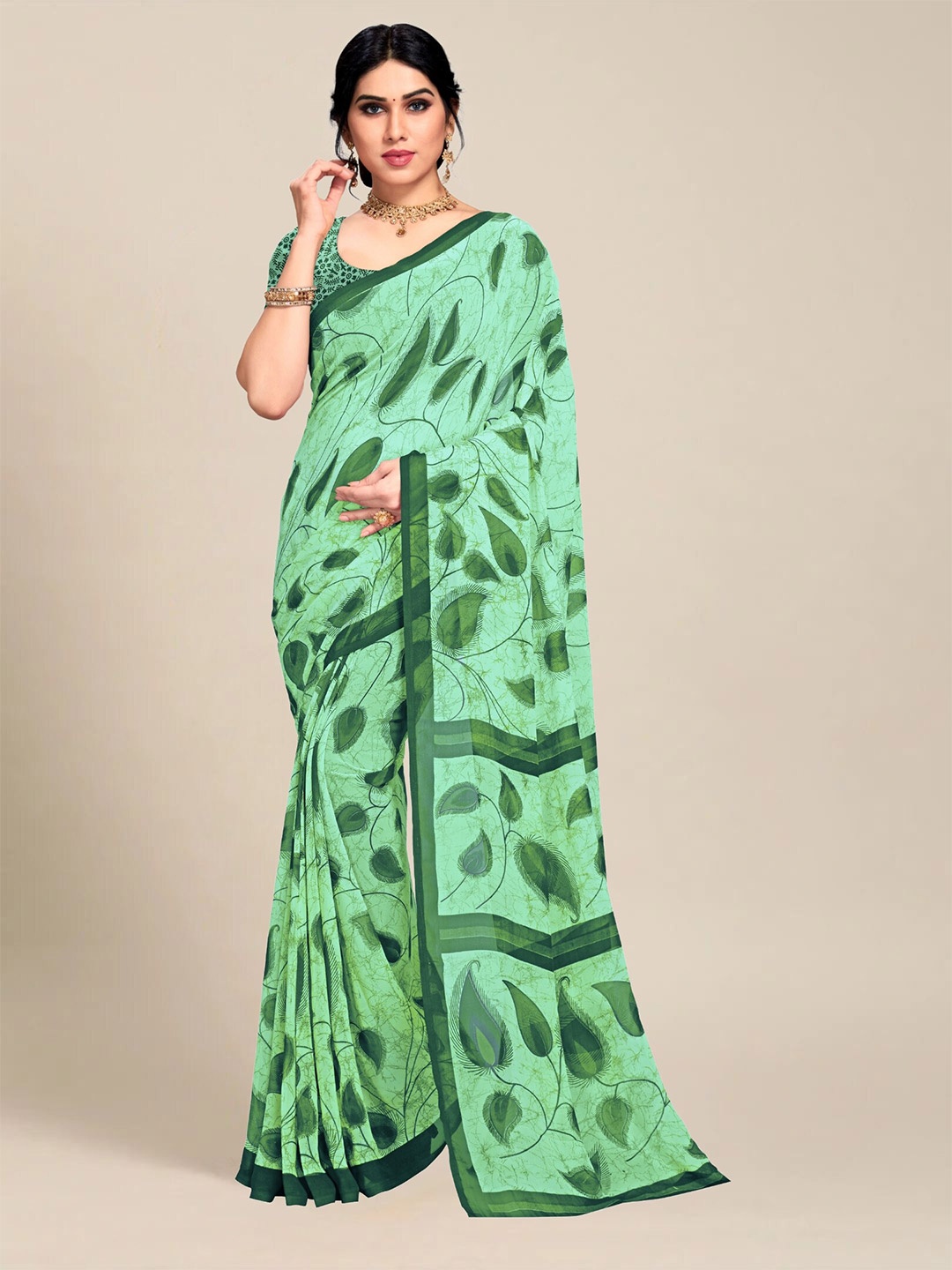 

MS RETAIL Green Dabu Pure Georgette Saree