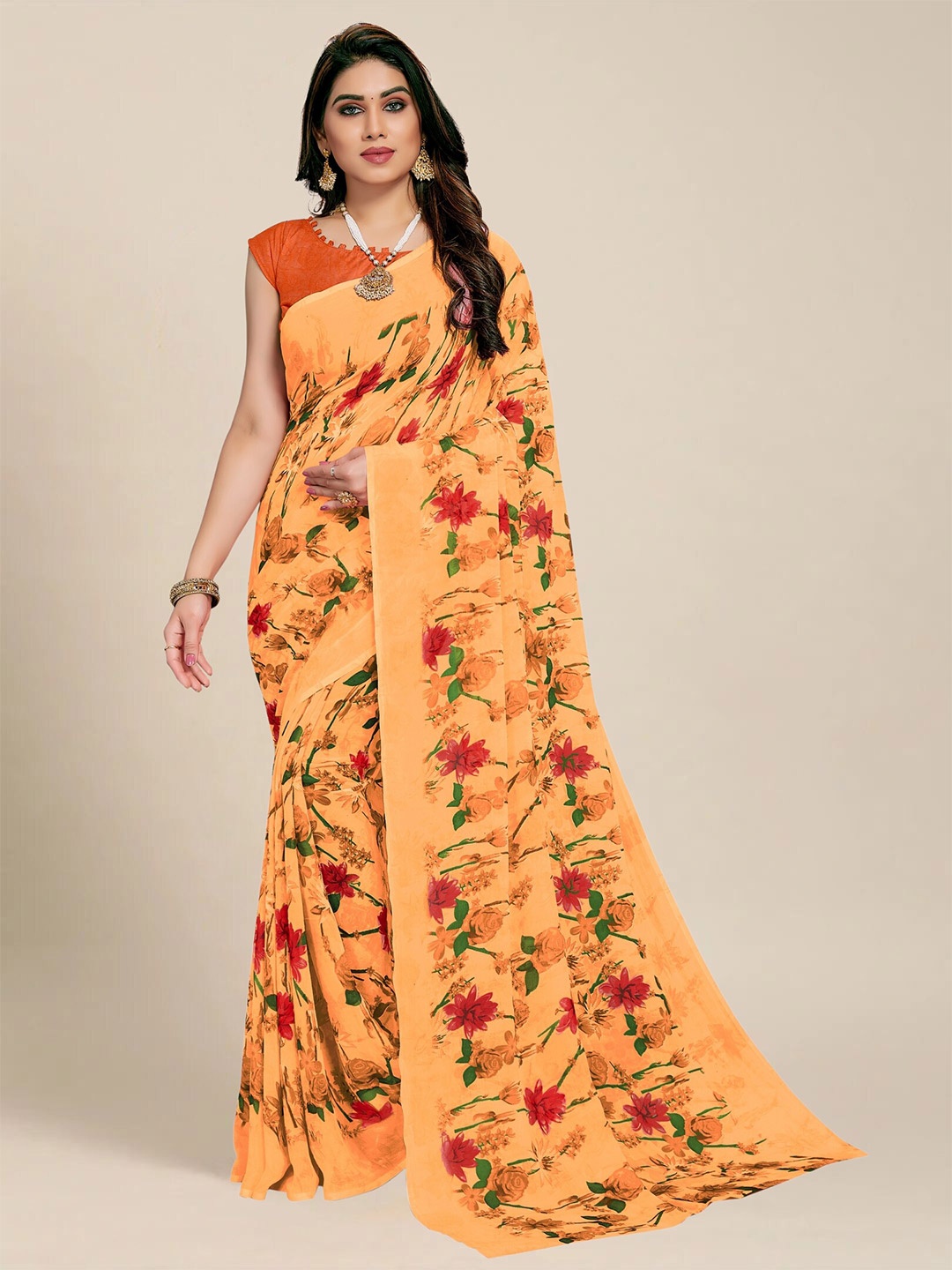 

MS RETAIL Orange & Red Floral Saree