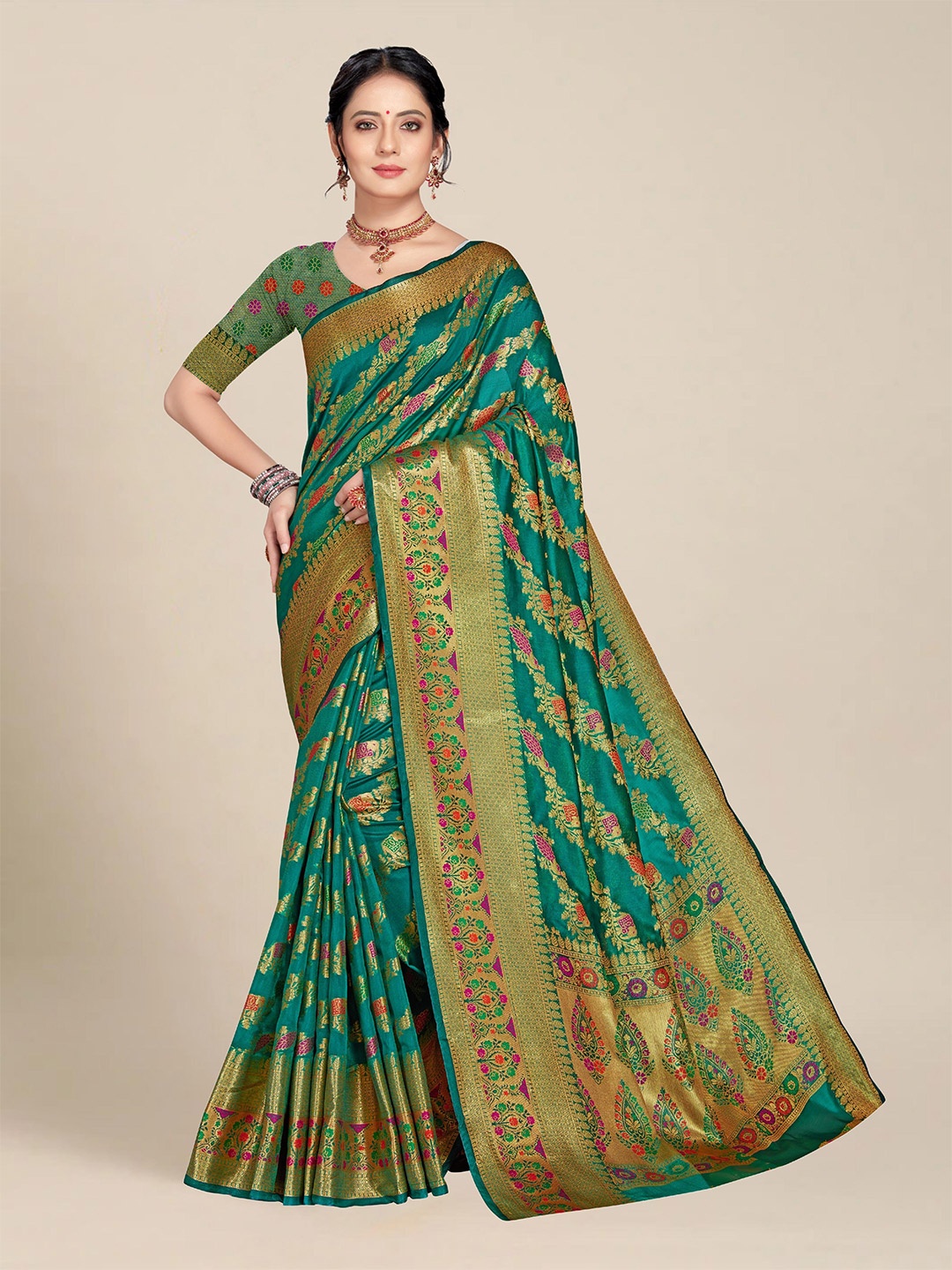 

MS RETAIL Green & Red Ethnic Motifs Zari Organza Banarasi Saree