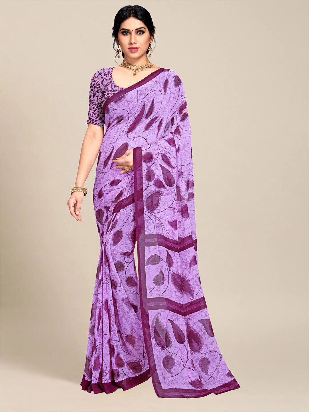 

MS RETAIL Purple Dabu Pure Georgette Saree
