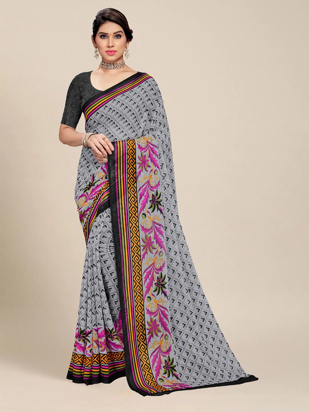 

MS RETAIL Grey & Pink Pure Georgette Saree