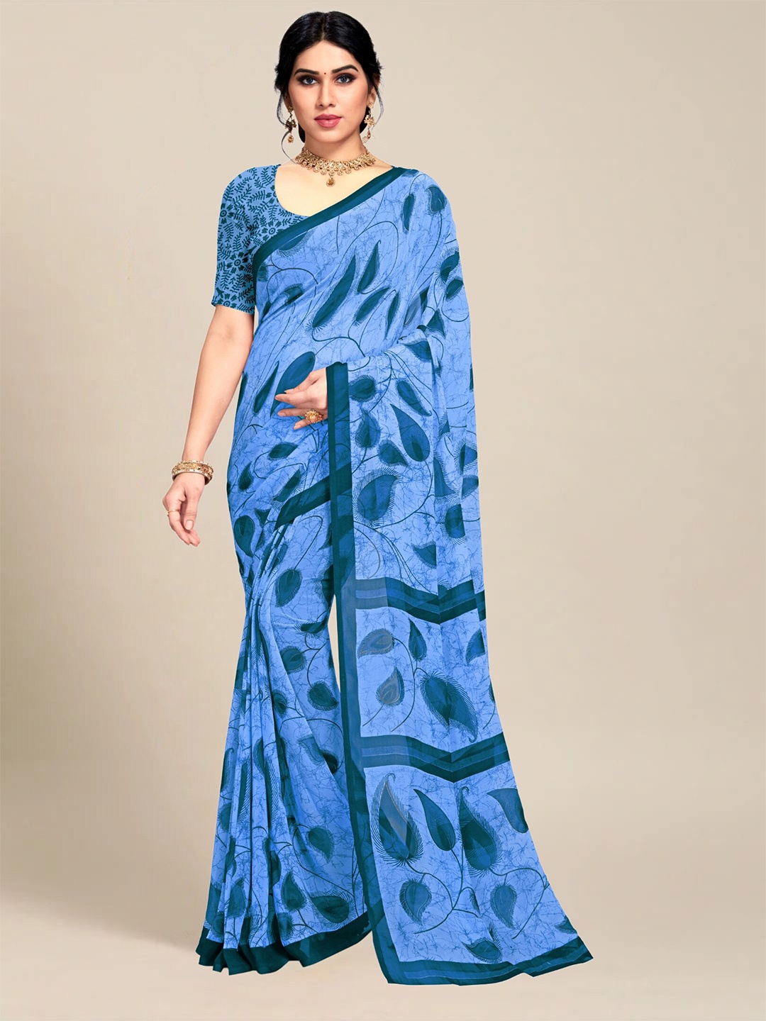 

MS RETAIL Navy Blue Dabu Pure Georgette Saree