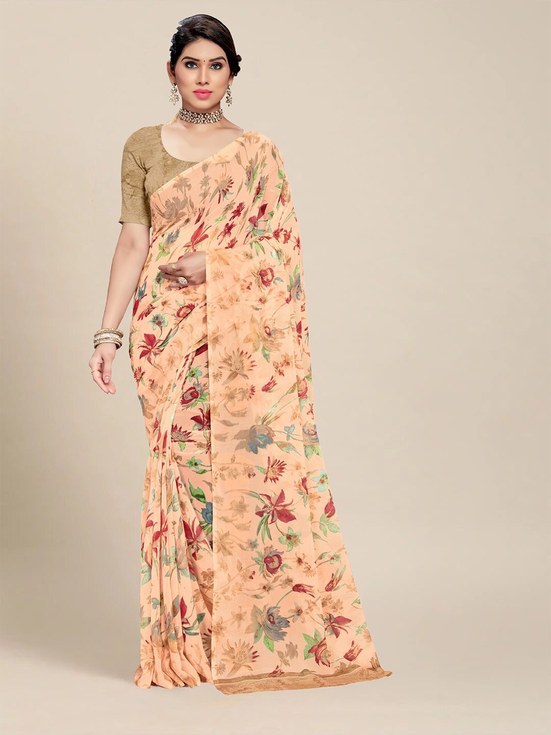 

MS RETAIL Peach-Coloured & Green Floral Pure Georgette Saree