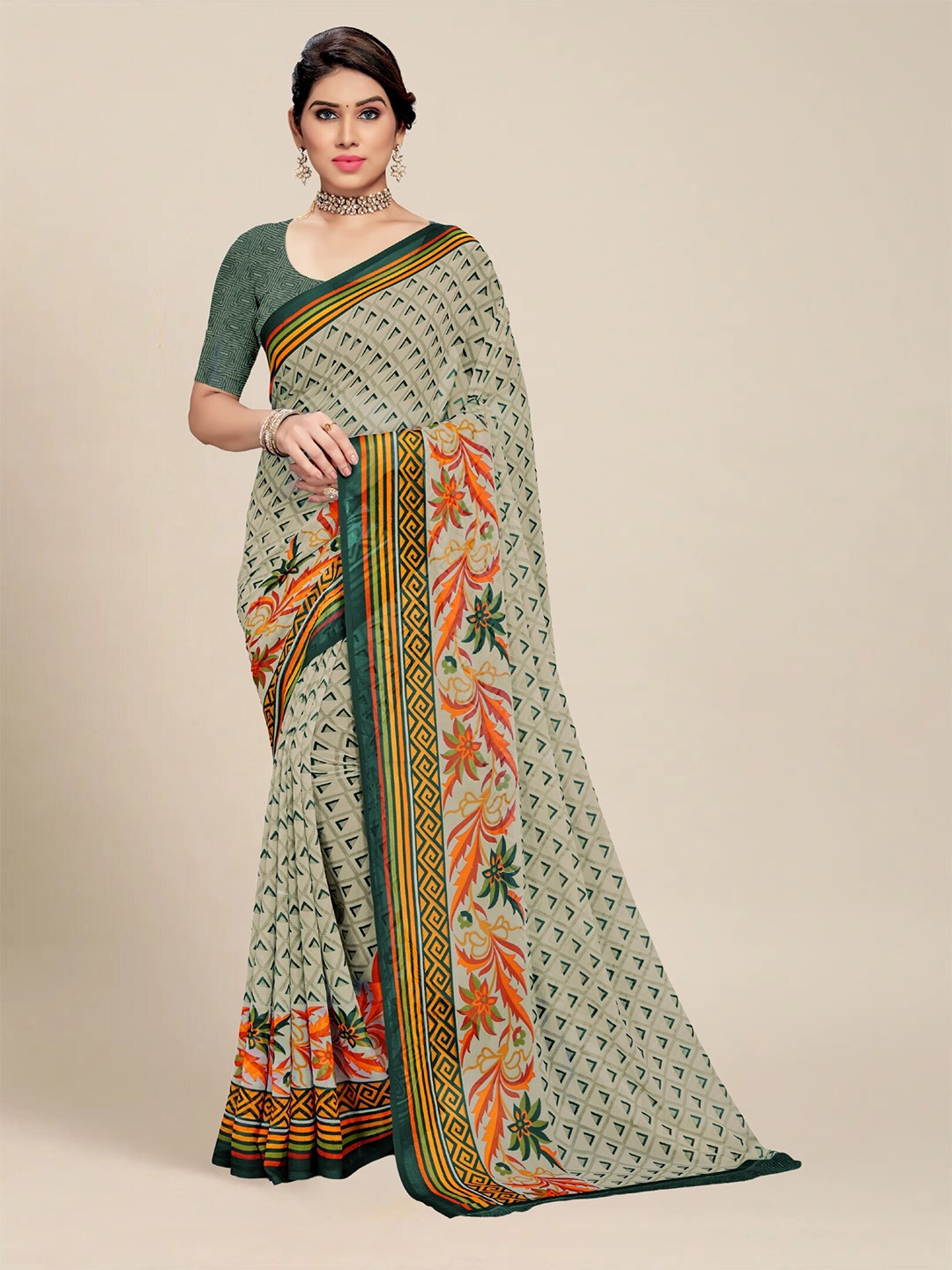 

MS RETAIL Green & Orange Pure Georgette Saree