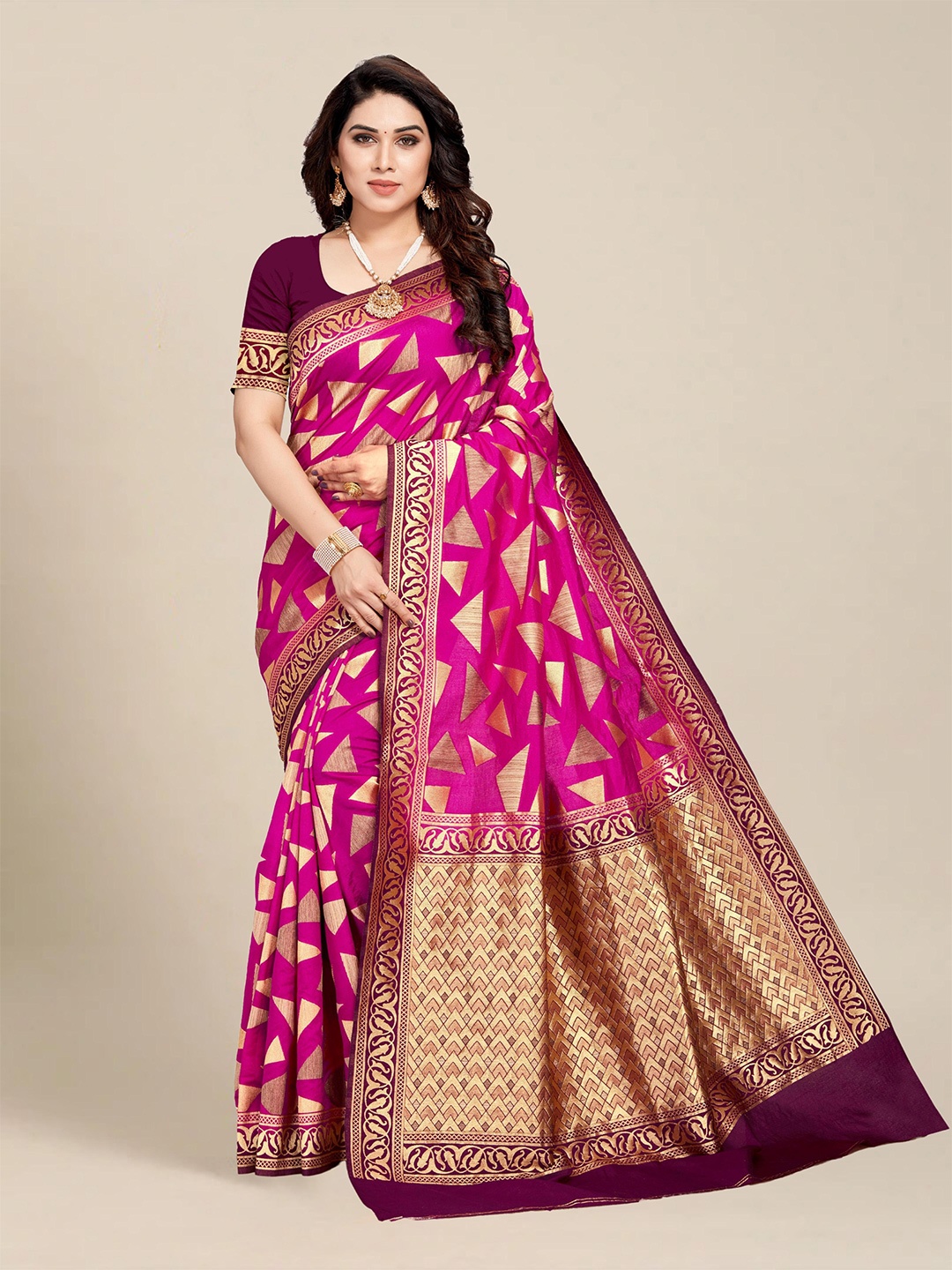 

MS RETAIL Pink & Gold-Toned Woven Design Zari Silk Blend Kanjeevaram Saree