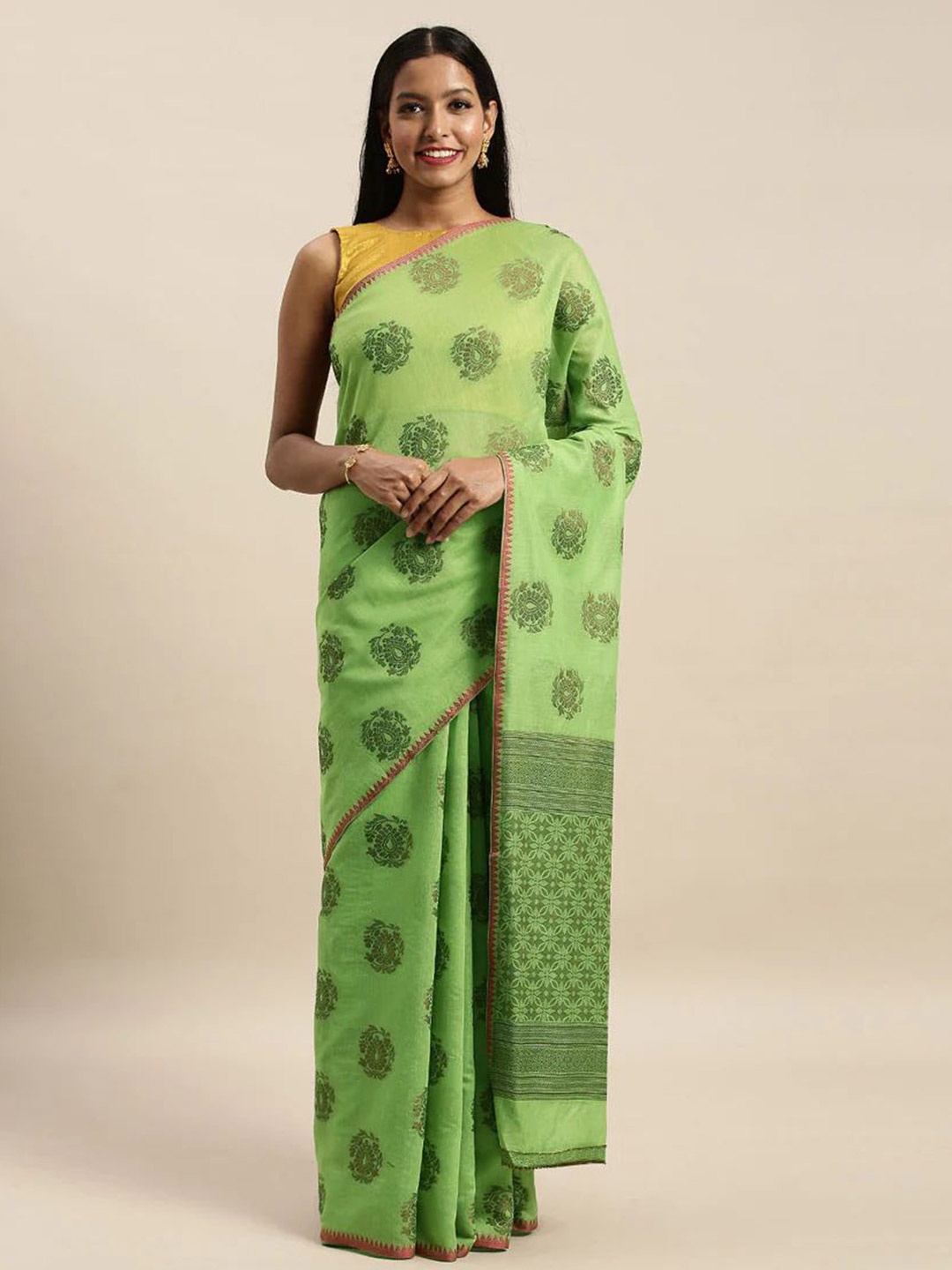 

MS RETAIL Sea Green & Pink Woven Design Zari Silk Blend Dharmavaram Saree