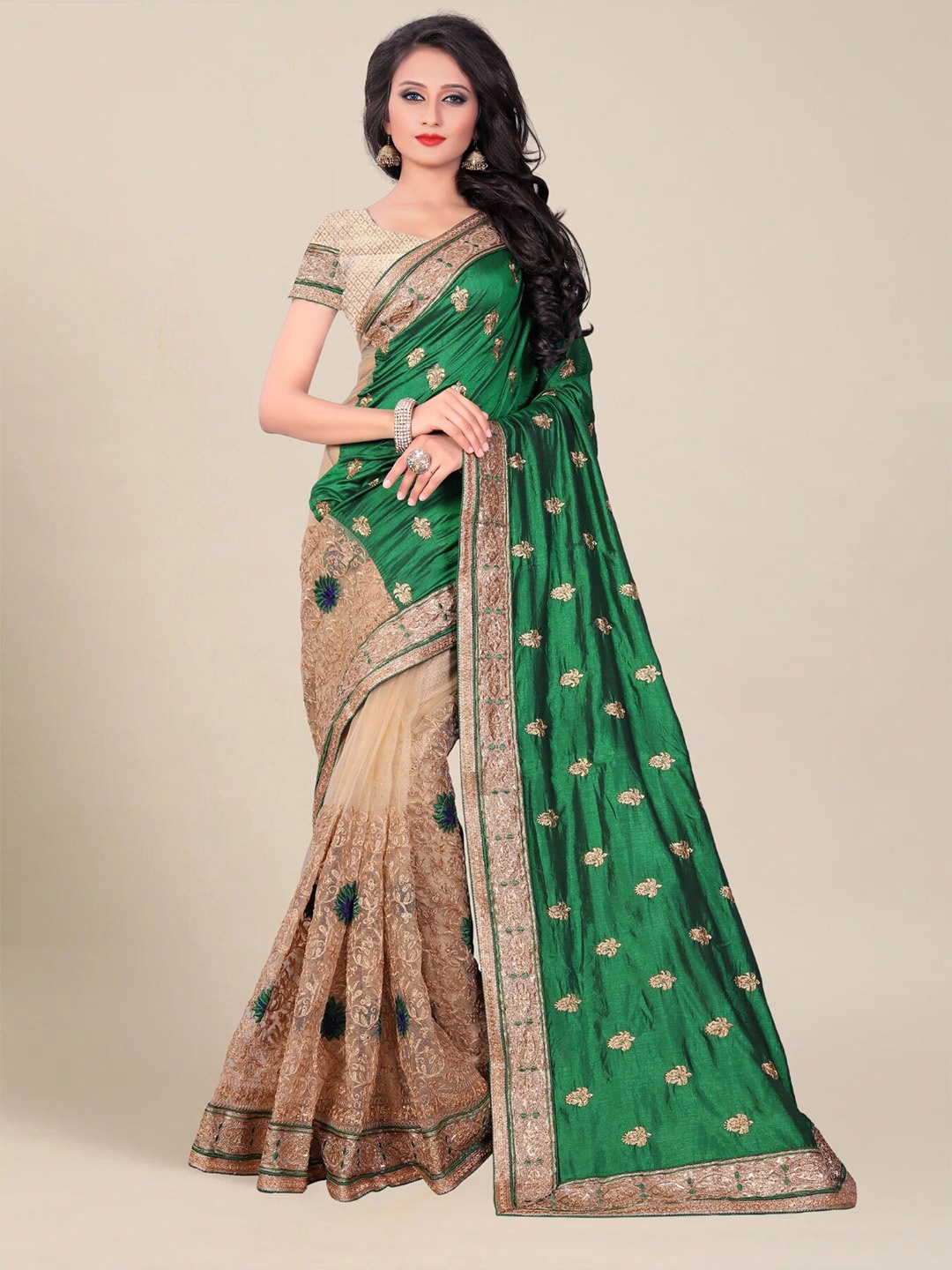 

MS RETAIL Floral Zari Silk Blend Half and Half Saree, Green