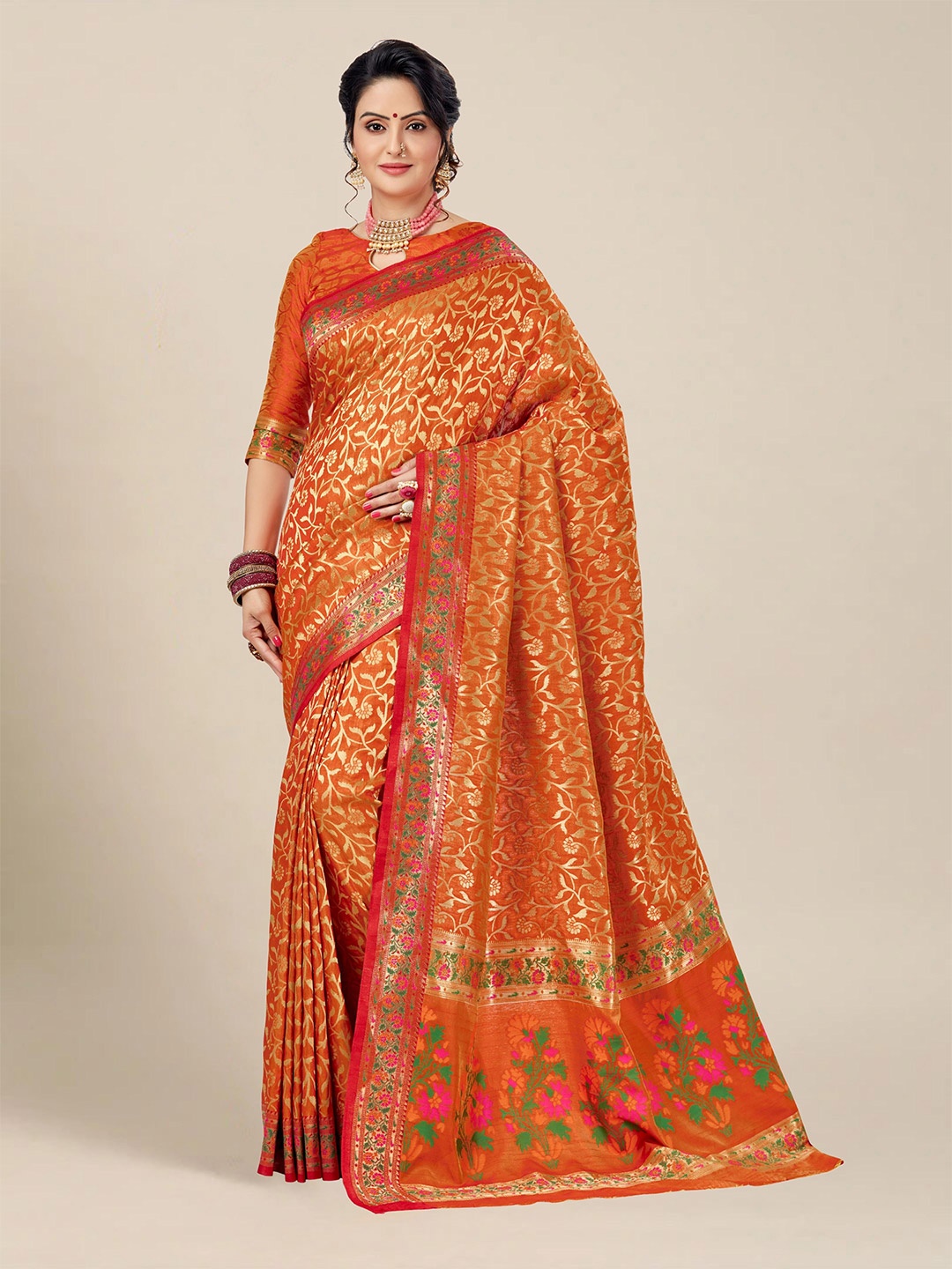 

MS RETAIL Woven Design Zari Silk Blend Banarasi Saree, Orange