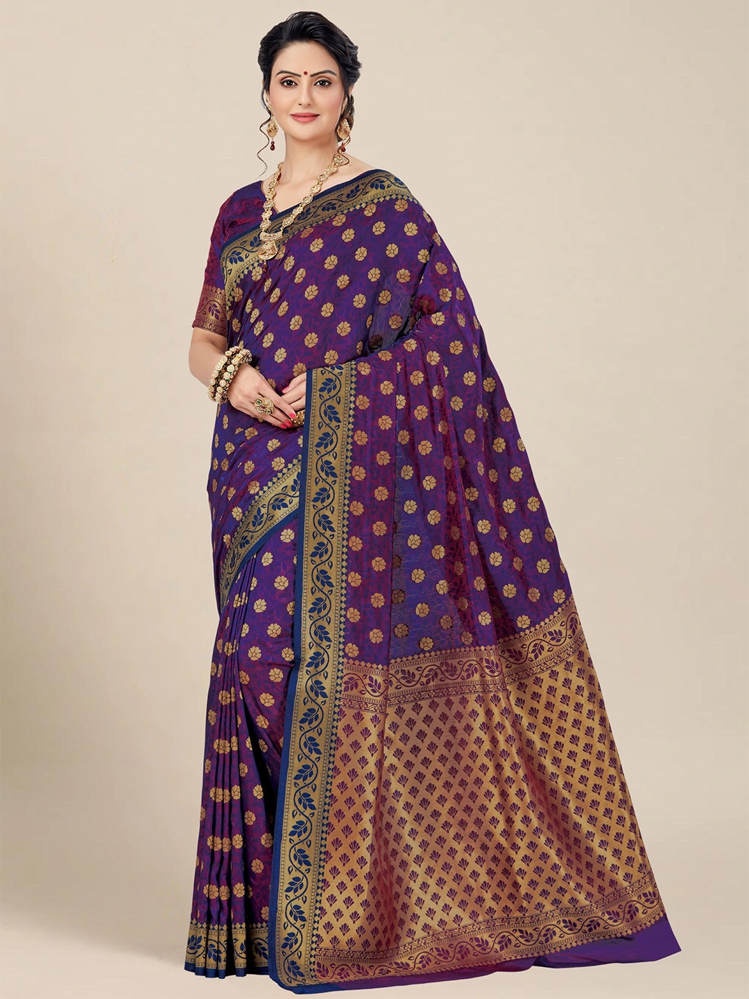 

MS RETAIL Woven Design Zari Silk Blend Kanjeevaram Saree, Purple