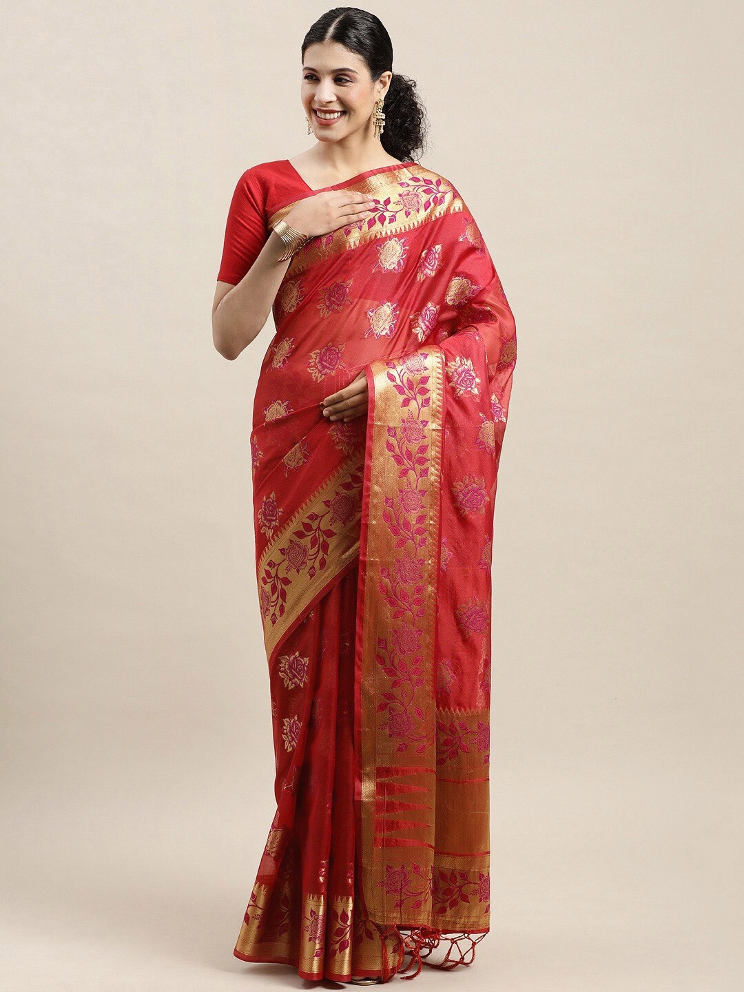 

MS RETAIL Woven Design Zari Organza Banarasi Saree, Red