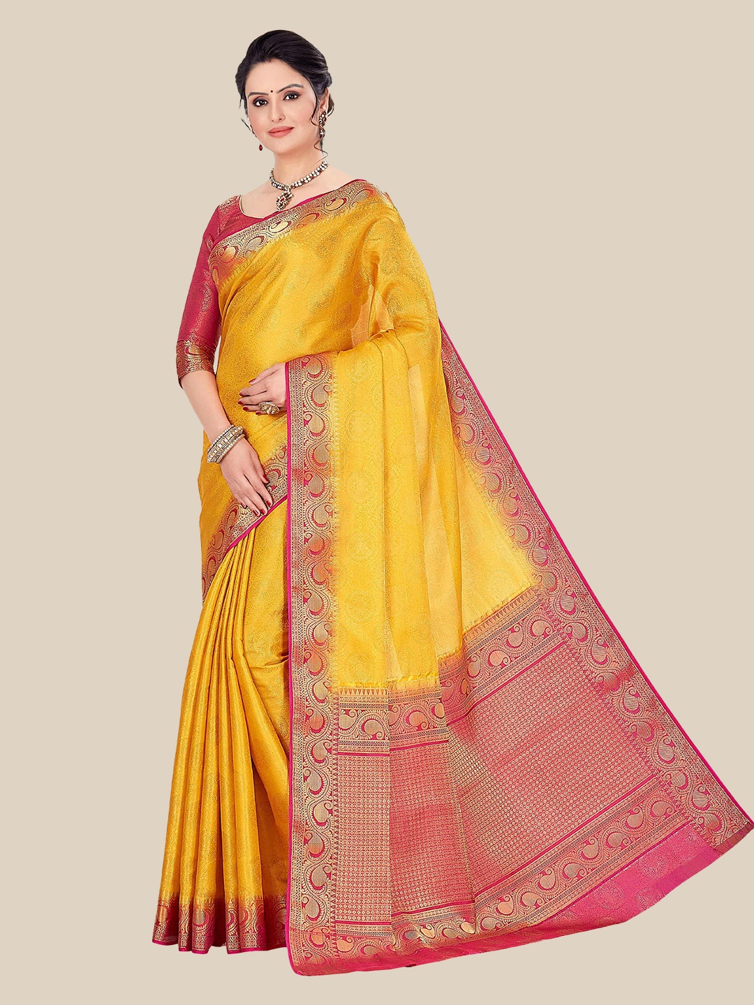 

MS RETAIL Woven Design Zari Silk Blend Banarasi Saree, Yellow