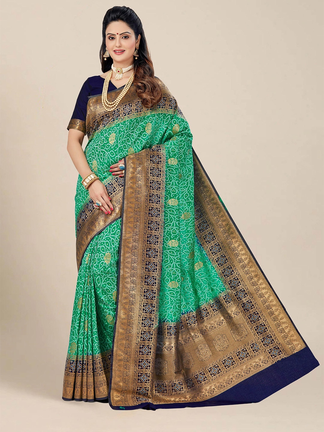 

MS RETAIL Bandhani Zari Silk Blend Fusion Banarasi Saree, Turquoise blue