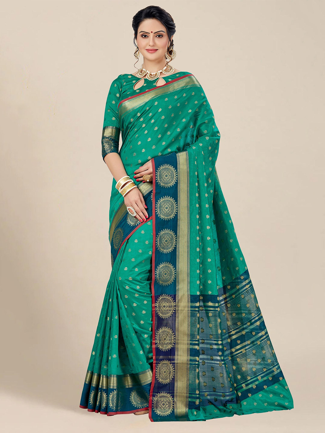 

MS RETAIL Woven Design Silk Blend Kanjeevaram Saree, Sea green