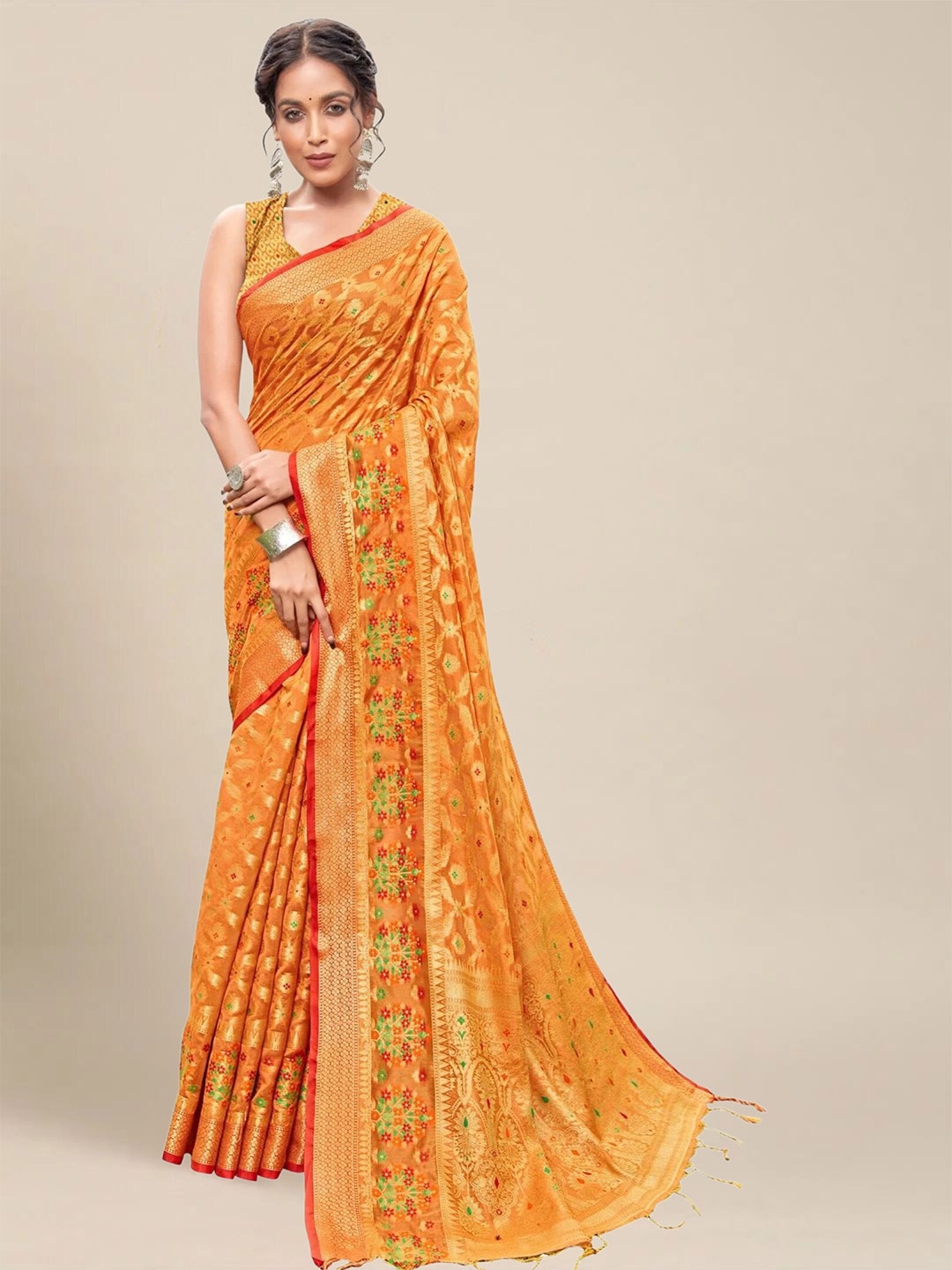 

MS RETAIL Woven Design Organza Banarasi Saree, Orange