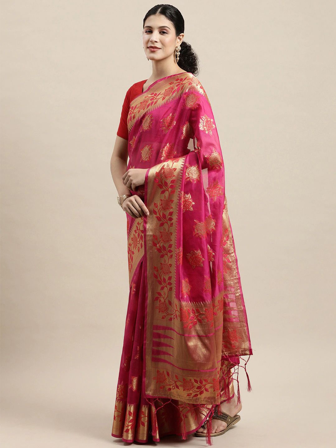 

MS RETAIL Ethnic Motifs Zari Organza Banarasi Saree, Pink