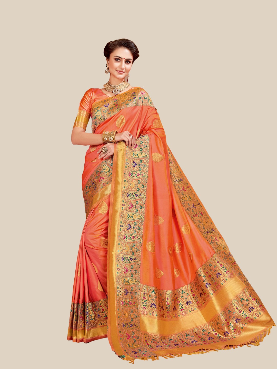 

MS RETAIL Woven Design Zari Silk Blend Banarasi Saree, Coral