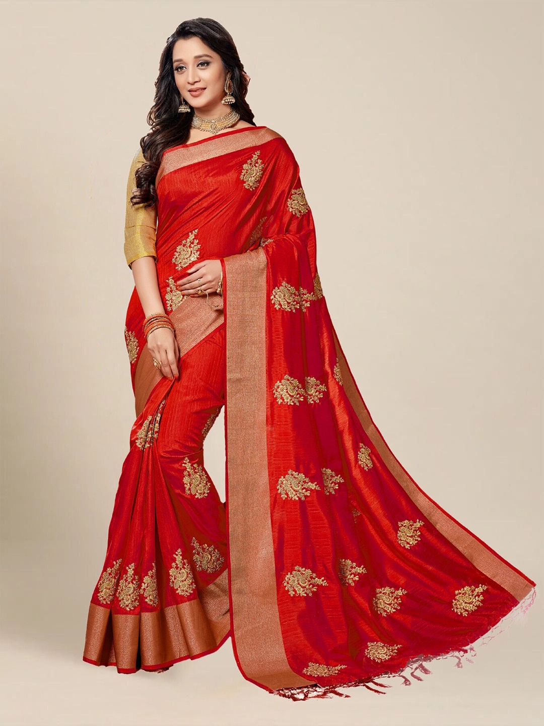 

MS RETAIL Floral Zari Silk Blend Heavy Work Kanjeevaram Saree, Red