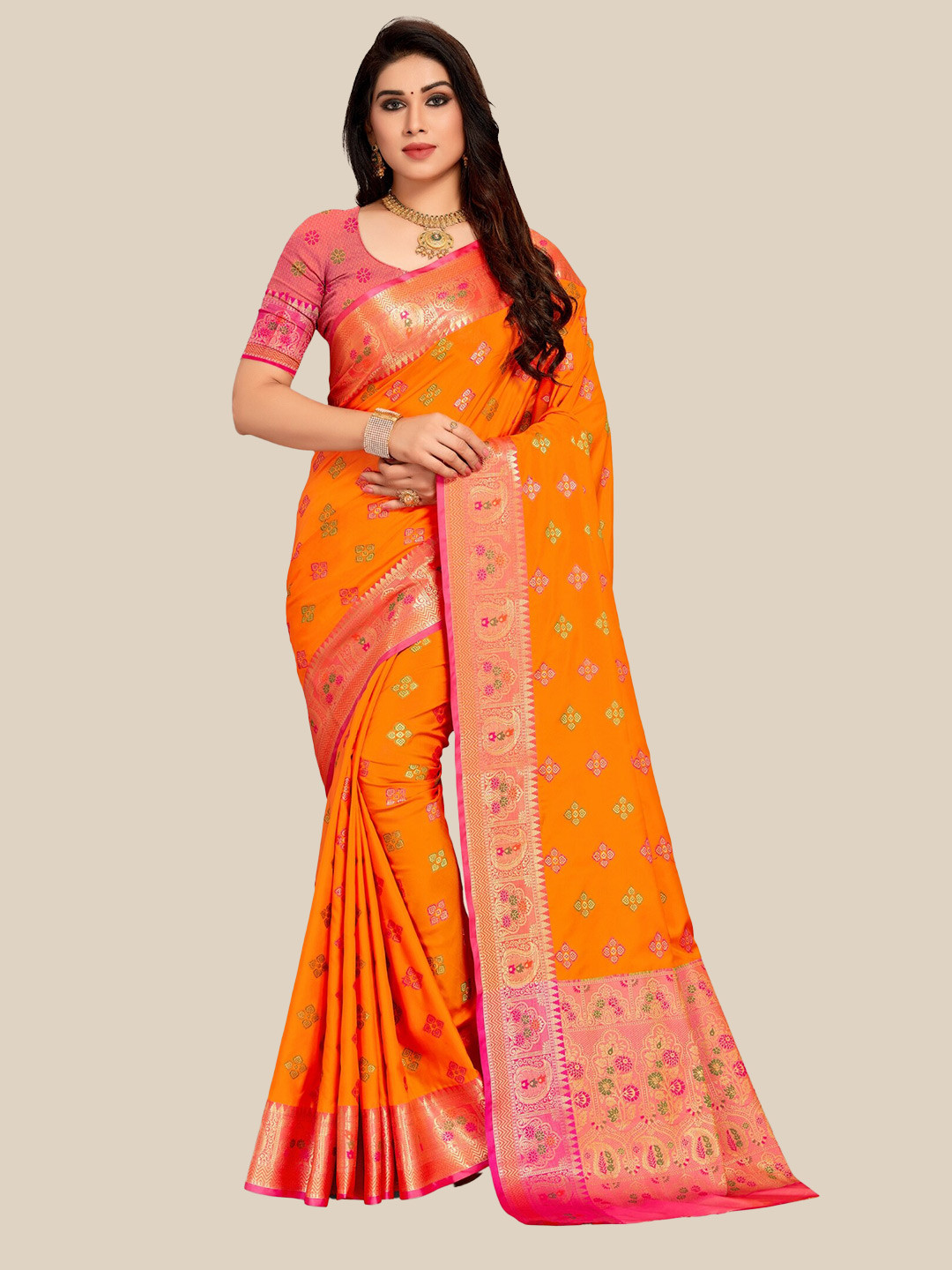 

MS RETAIL Woven Design Zari Art Silk Banarasi Saree, Orange
