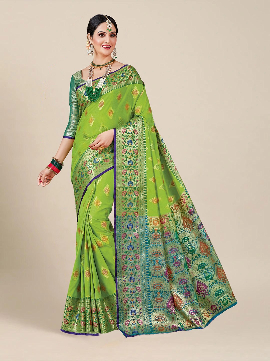 

MS RETAIL Woven Design Zari Silk Blend Banarasi Saree, Green