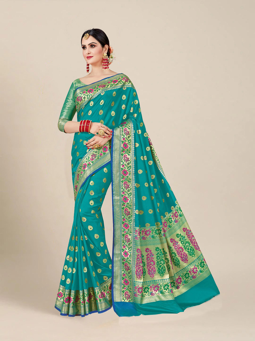 

MS RETAIL Woven Design Zari Silk Blend Banarasi Saree, Teal