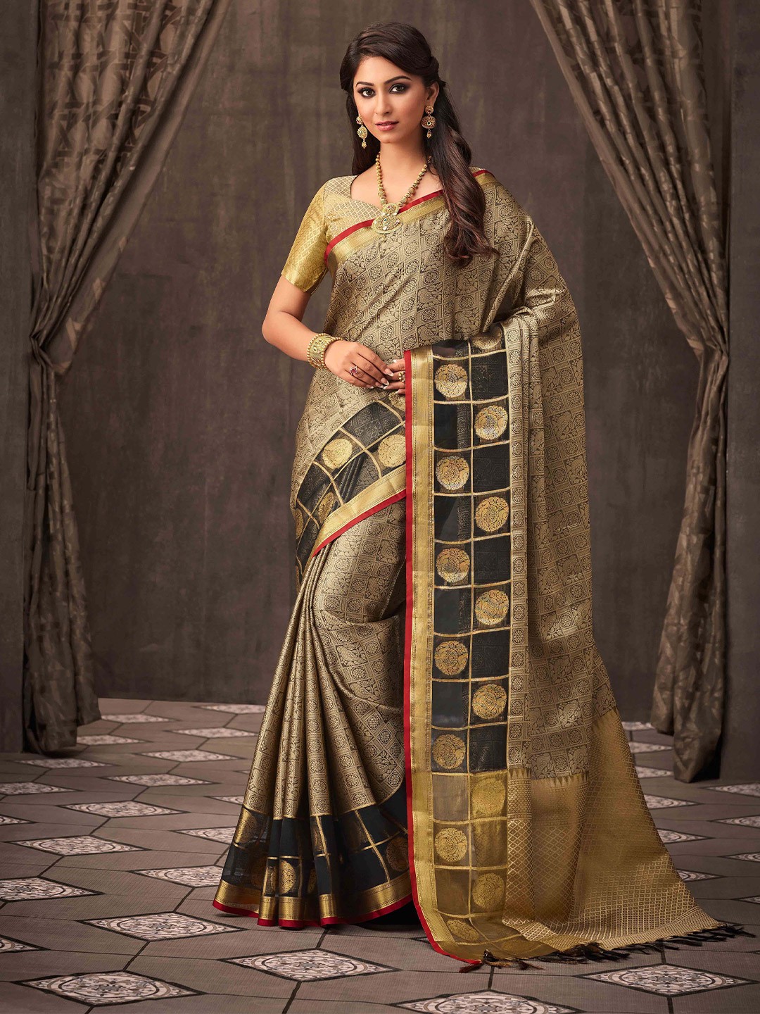 

MS RETAIL Woven Design Zari Silk Blend Saree, Beige