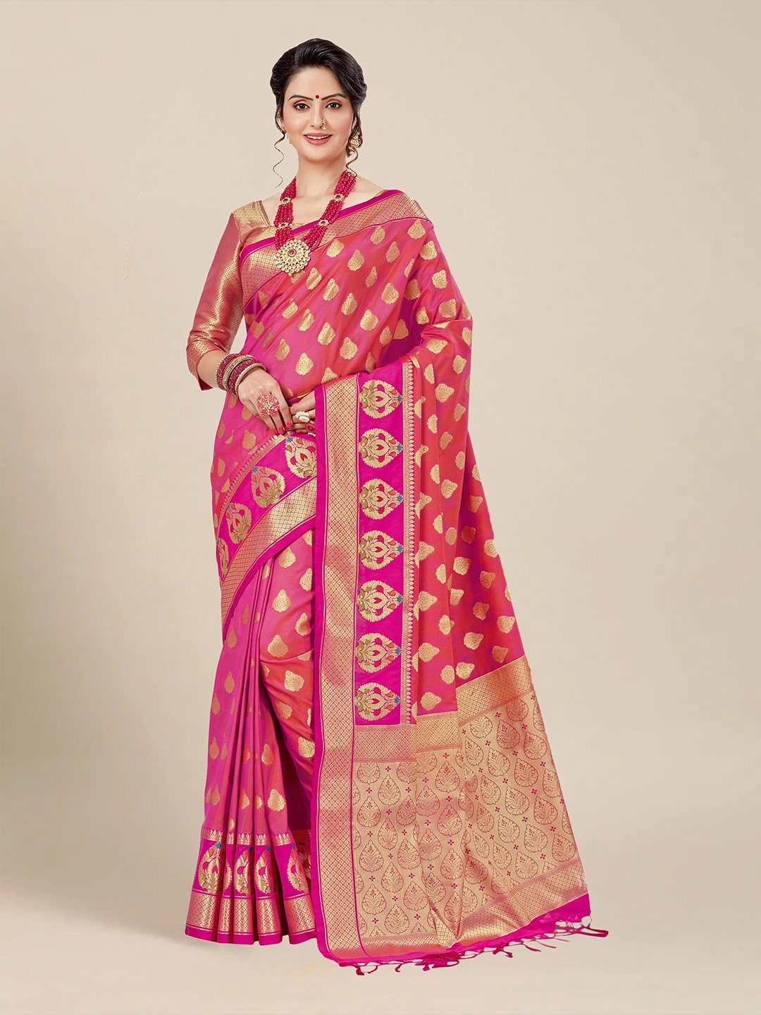 

MS RETAIL Woven Design Zari Silk Blend Banarasi Saree, Pink