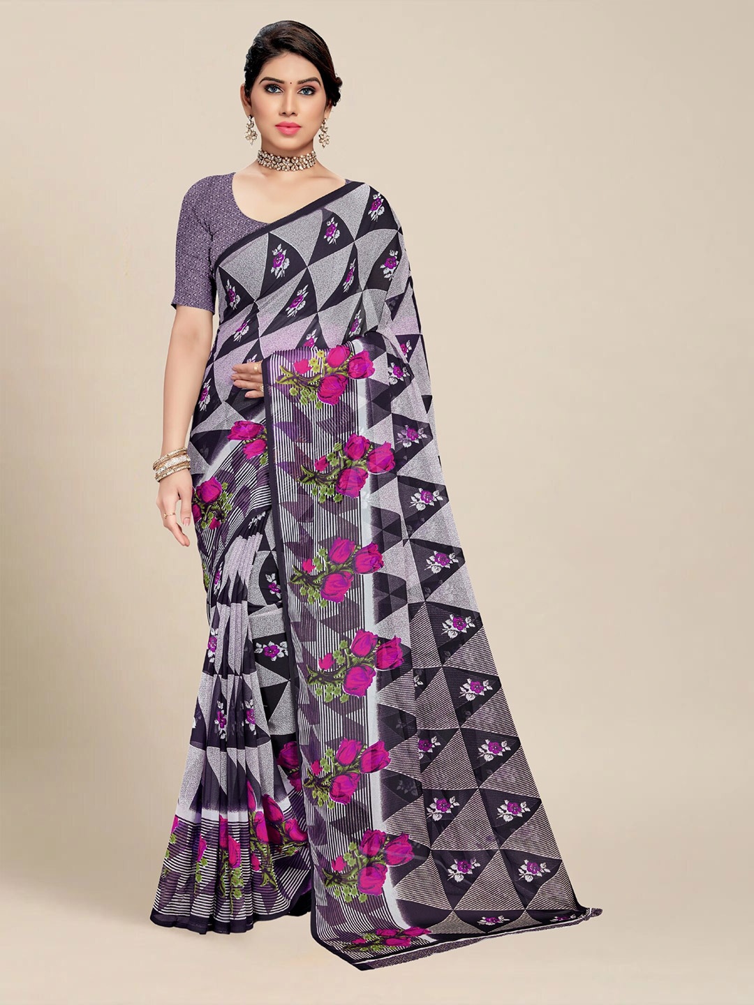 

MS RETAIL Floral Pure Georgette Saree, Grey