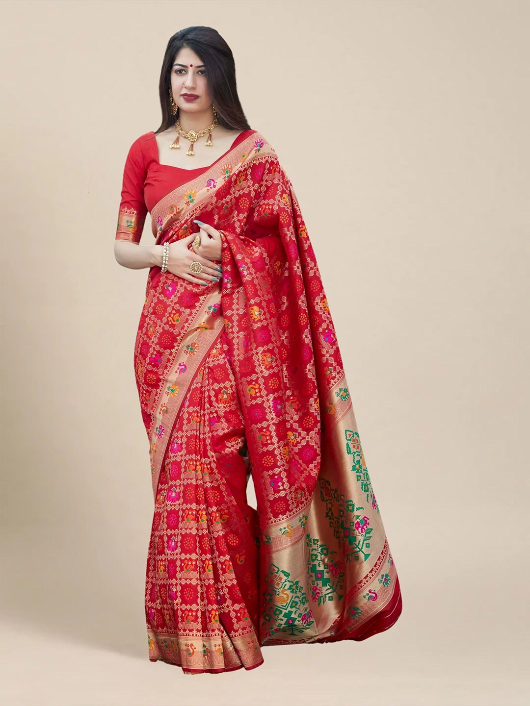 

MS RETAIL Woven Design Zari Silk Blend Patola Saree, Red