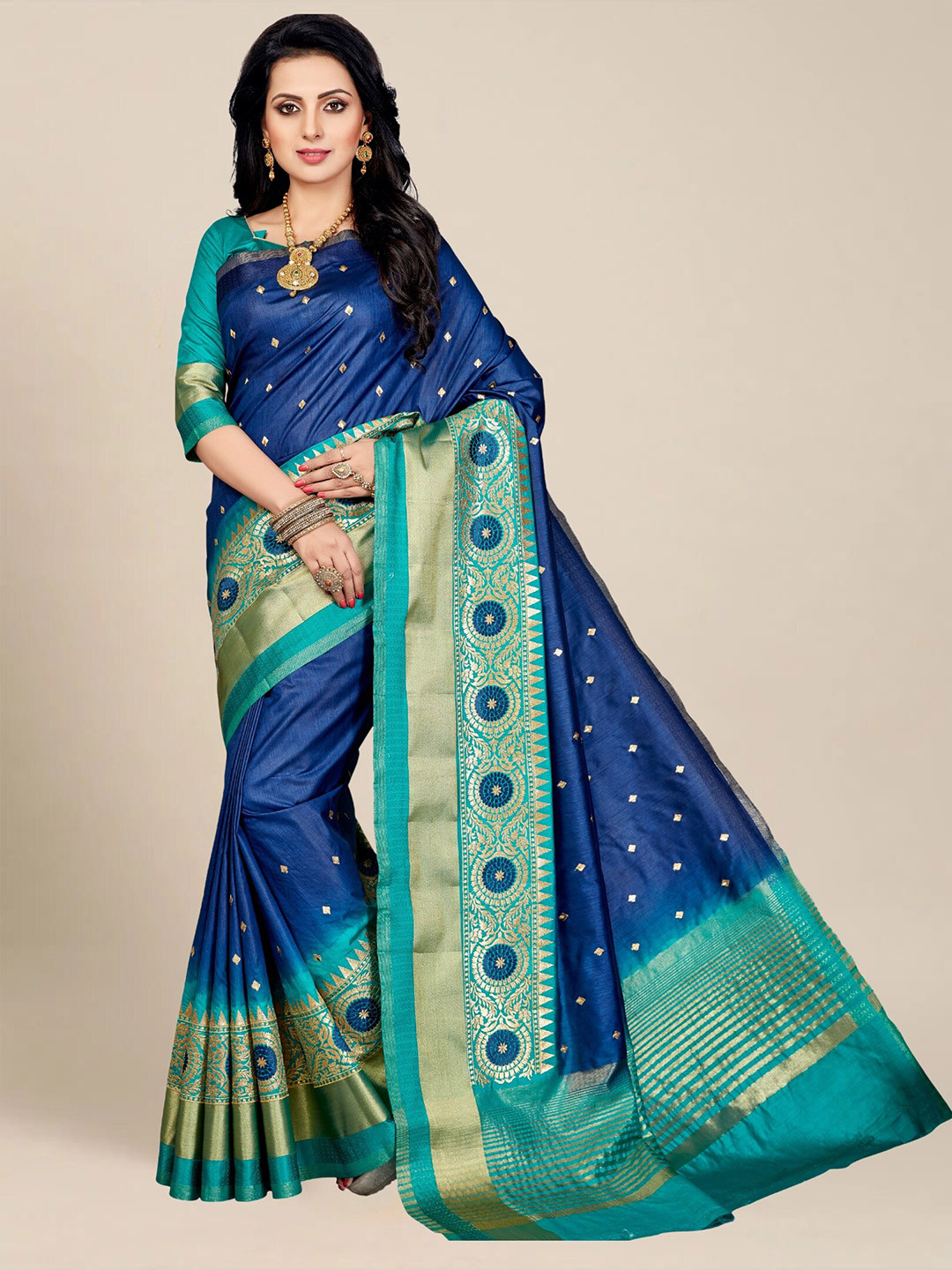 

MS RETAIL Navy Blue & Gold-Toned Woven Design Zari Silk Blend Kanjeevaram Saree