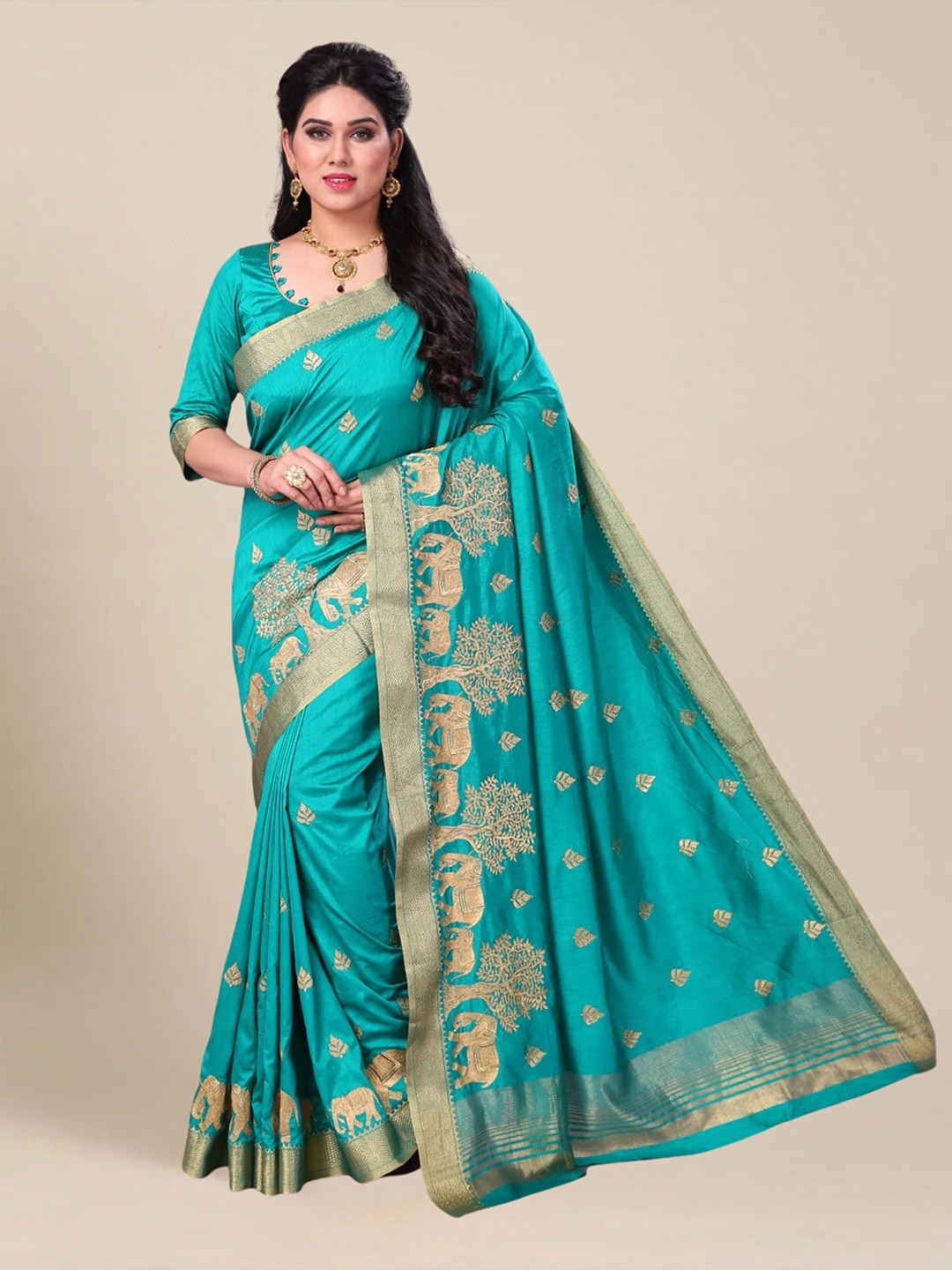 

MS RETAIL Floral Embroidered Silk Blend Kanjeevaram Saree, Turquoise blue