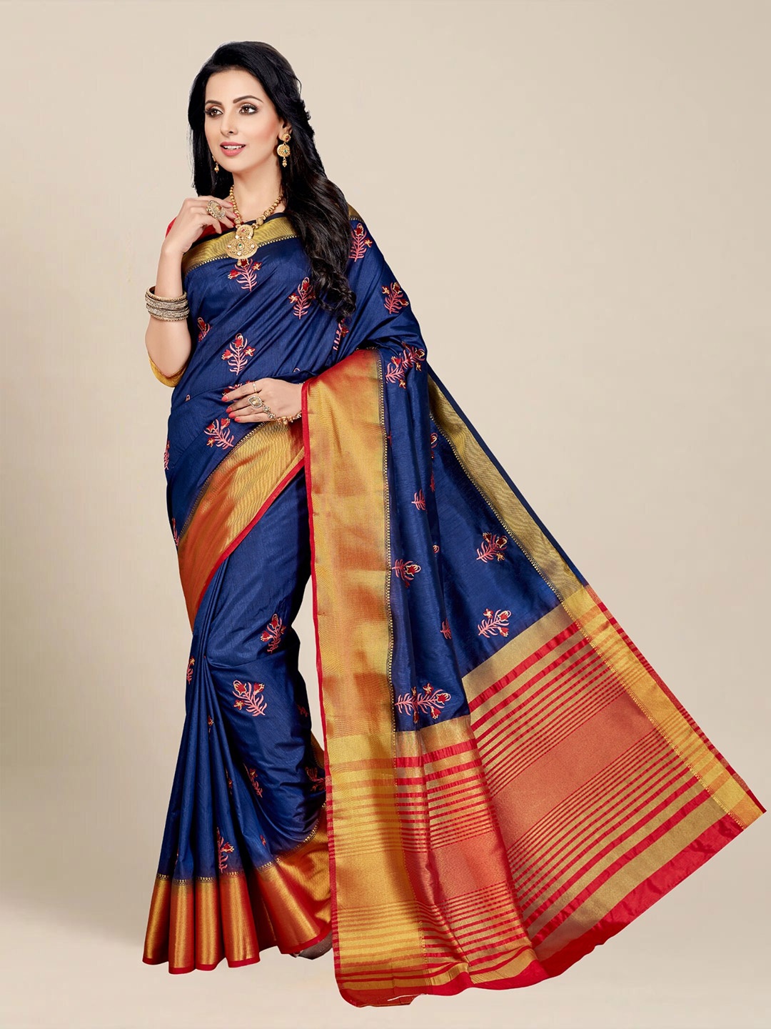 

MS RETAIL Woven Design Zari Silk Blend Kanjeevaram Saree, Navy blue