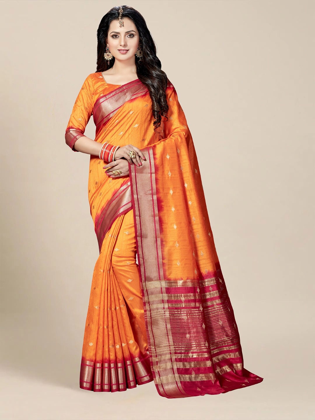 

MS RETAIL Woven Design Silk Blend Kanjeevaram Saree, Orange