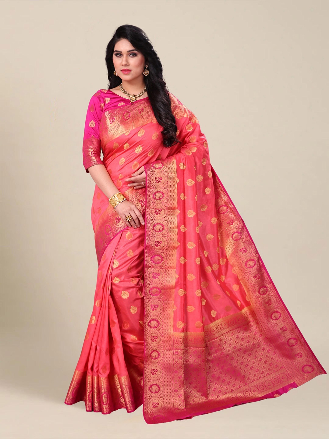 

MS RETAIL Woven Design Zari Silk Blend Kanjeevaram Saree, Coral
