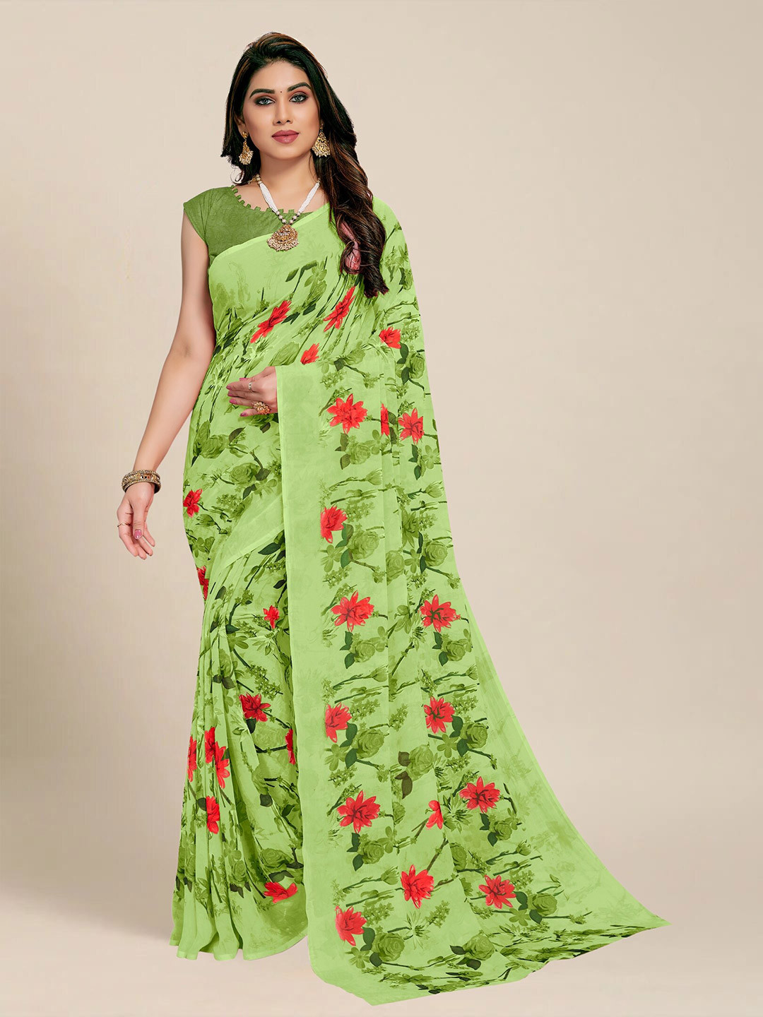 

MS RETAIL Floral Saree, Green