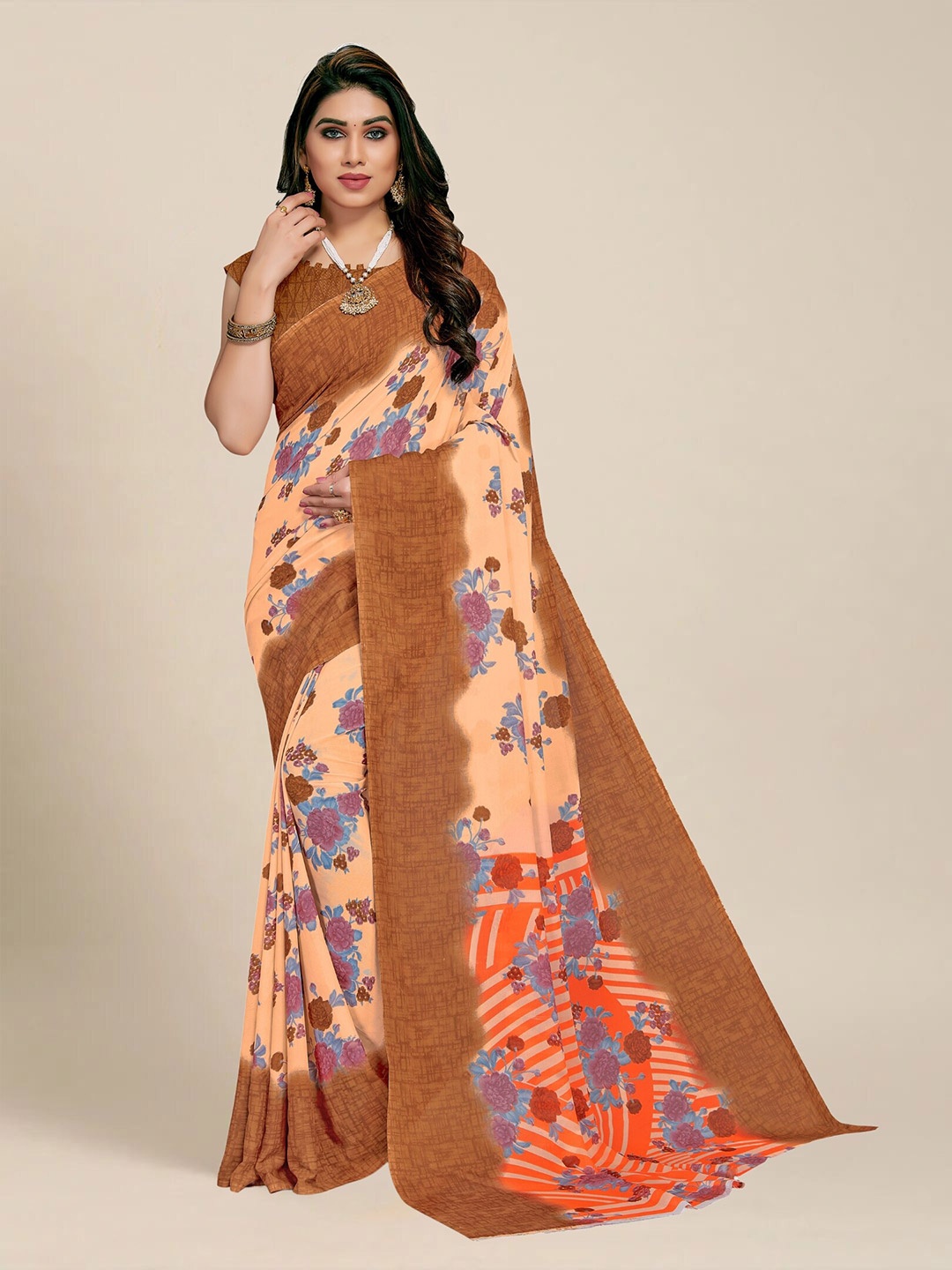 

MS RETAIL Floral Saree, Peach