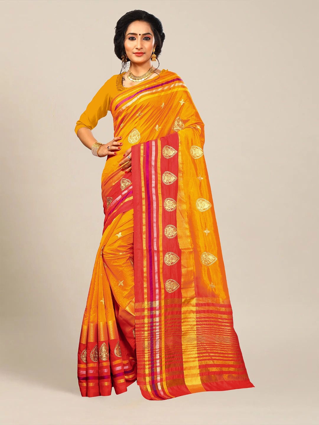 

MS RETAIL Woven Design Silk Blend Kanjeevaram Saree, Orange