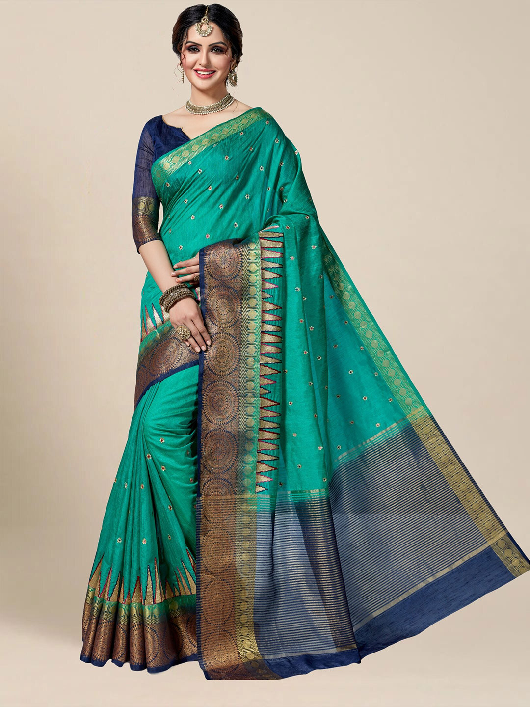 

MS RETAIL Woven Design Zari Silk Blend Kanjeevaram Saree, Teal