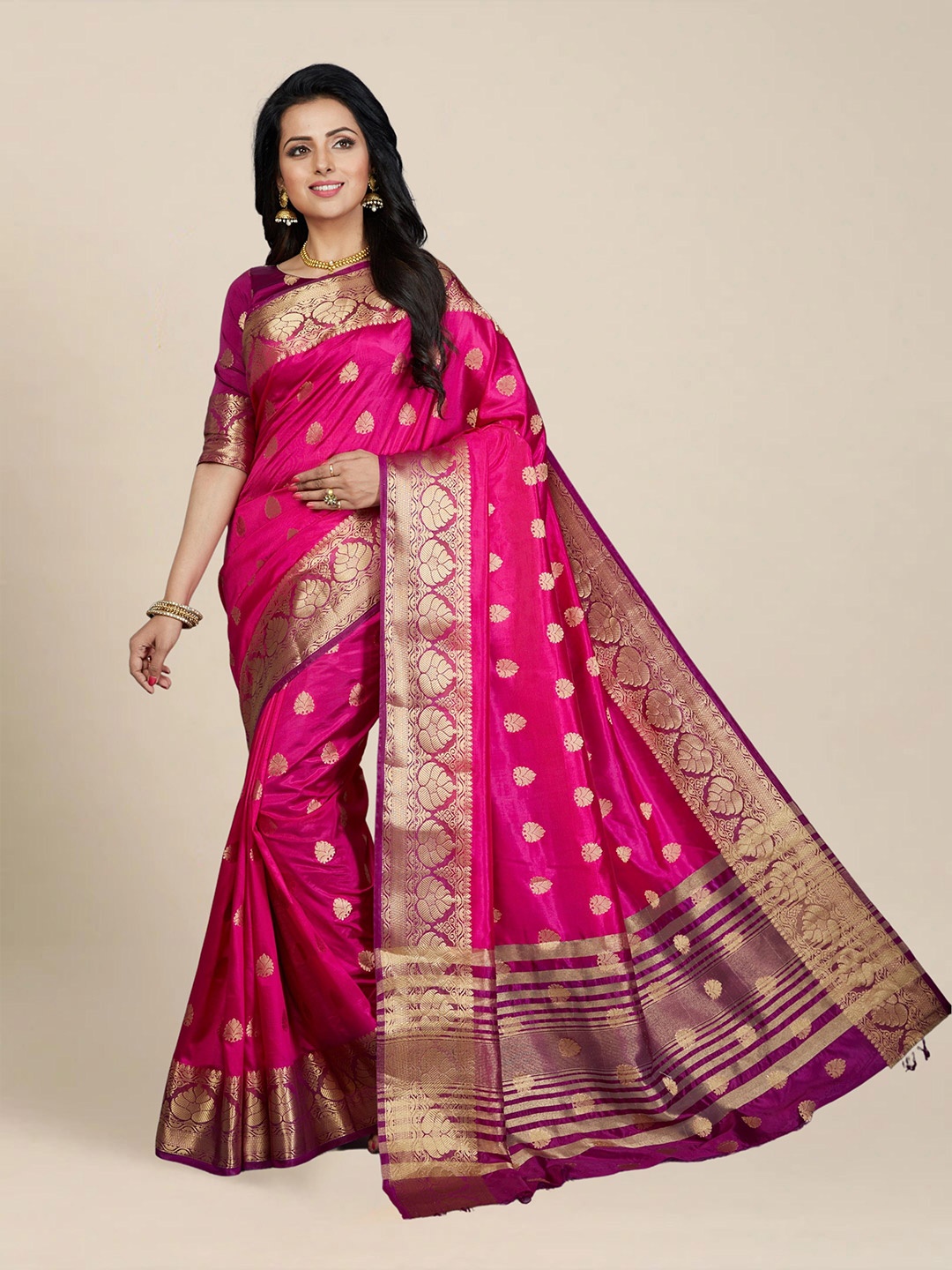 

MS RETAIL Woven Design Zari Silk Blend Kanjeevaram Saree, Pink