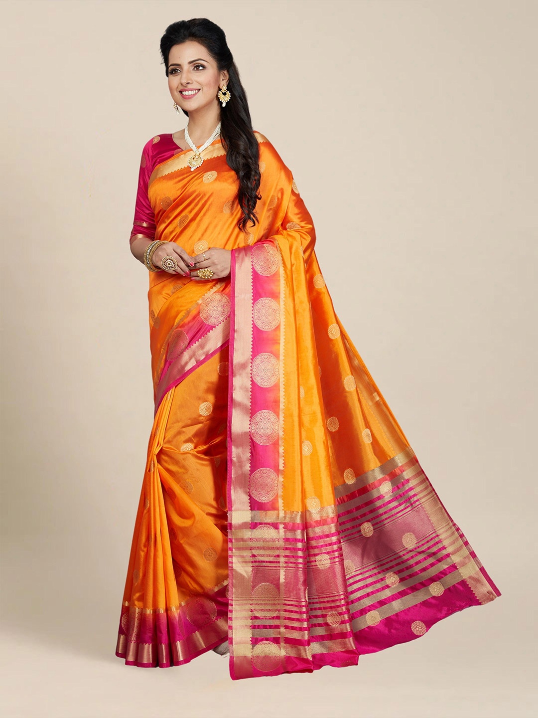 

MS RETAIL Woven Design Zari Silk Blend Kanjeevaram Saree, Orange