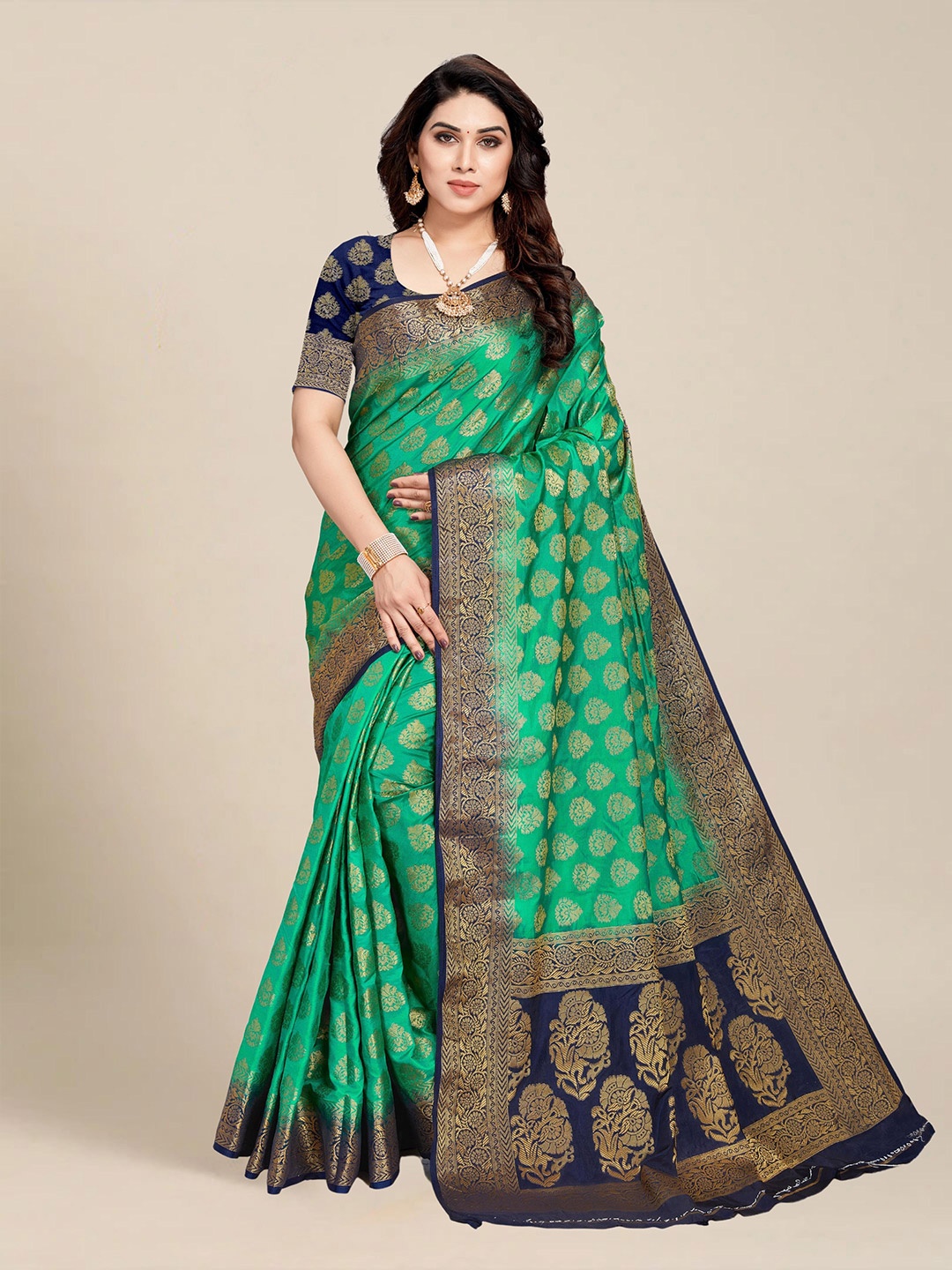 

MS RETAIL Woven Design Zari Silk Blend Kanjeevaram Saree, Green