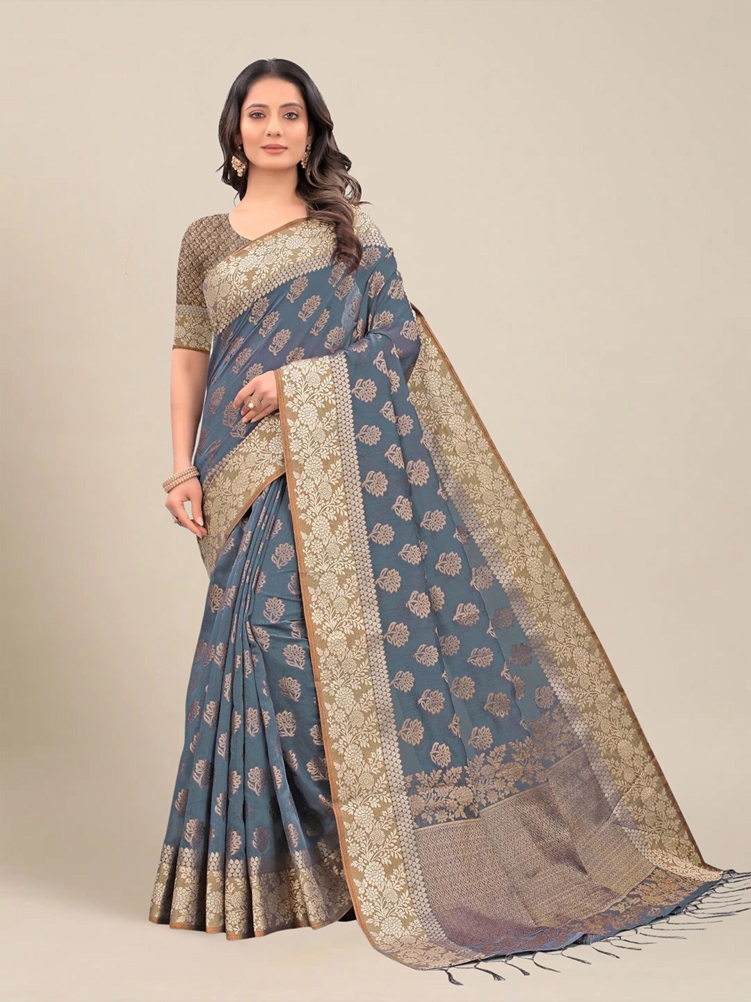 

MS RETAIL Woven Design Pure Cotton Chanderi Saree, Blue