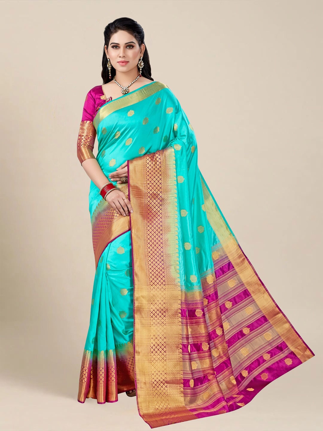 

MS RETAIL Woven Design Zari Silk Blend Kanjeevaram Saree, Turquoise blue