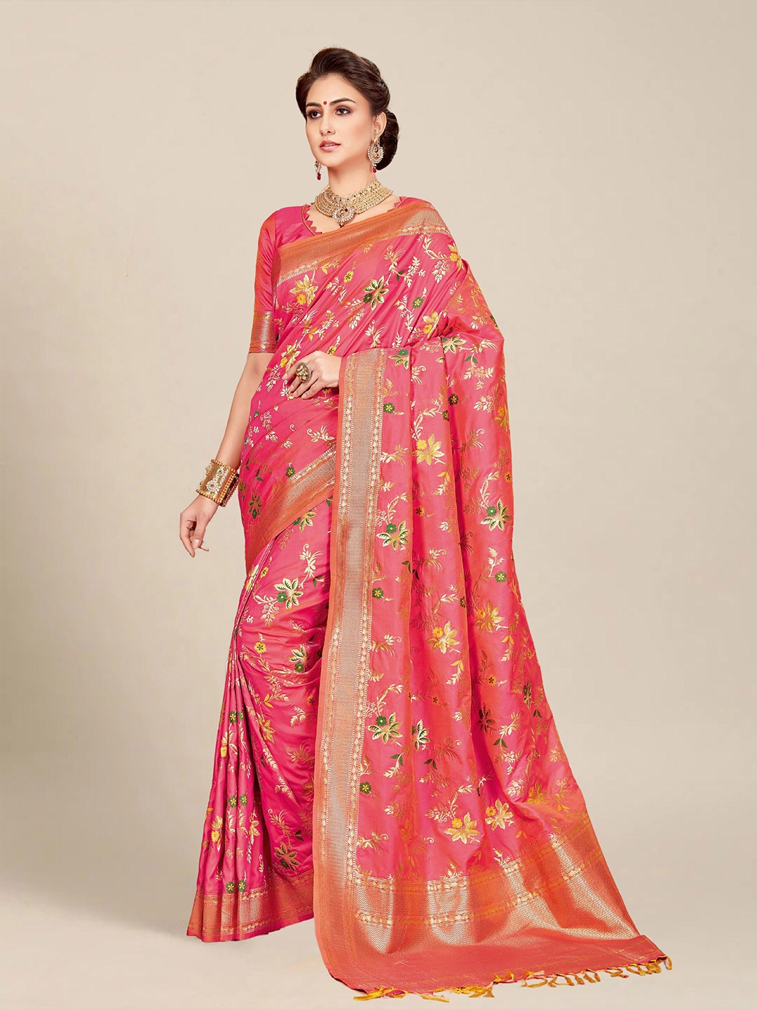 

MS RETAIL Woven Design Silk Blend Banarasi Saree, Pink